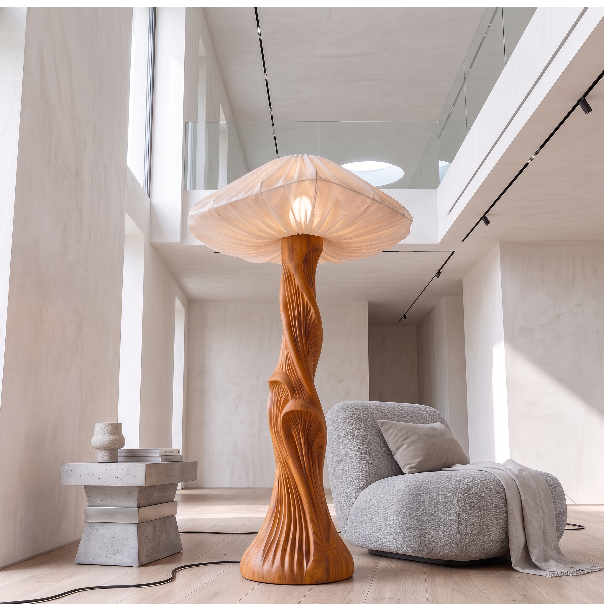 Contemporary Floor Lamp Carved Wood  Mushroom Shade Pedestal Lounge SINLSAFLP134