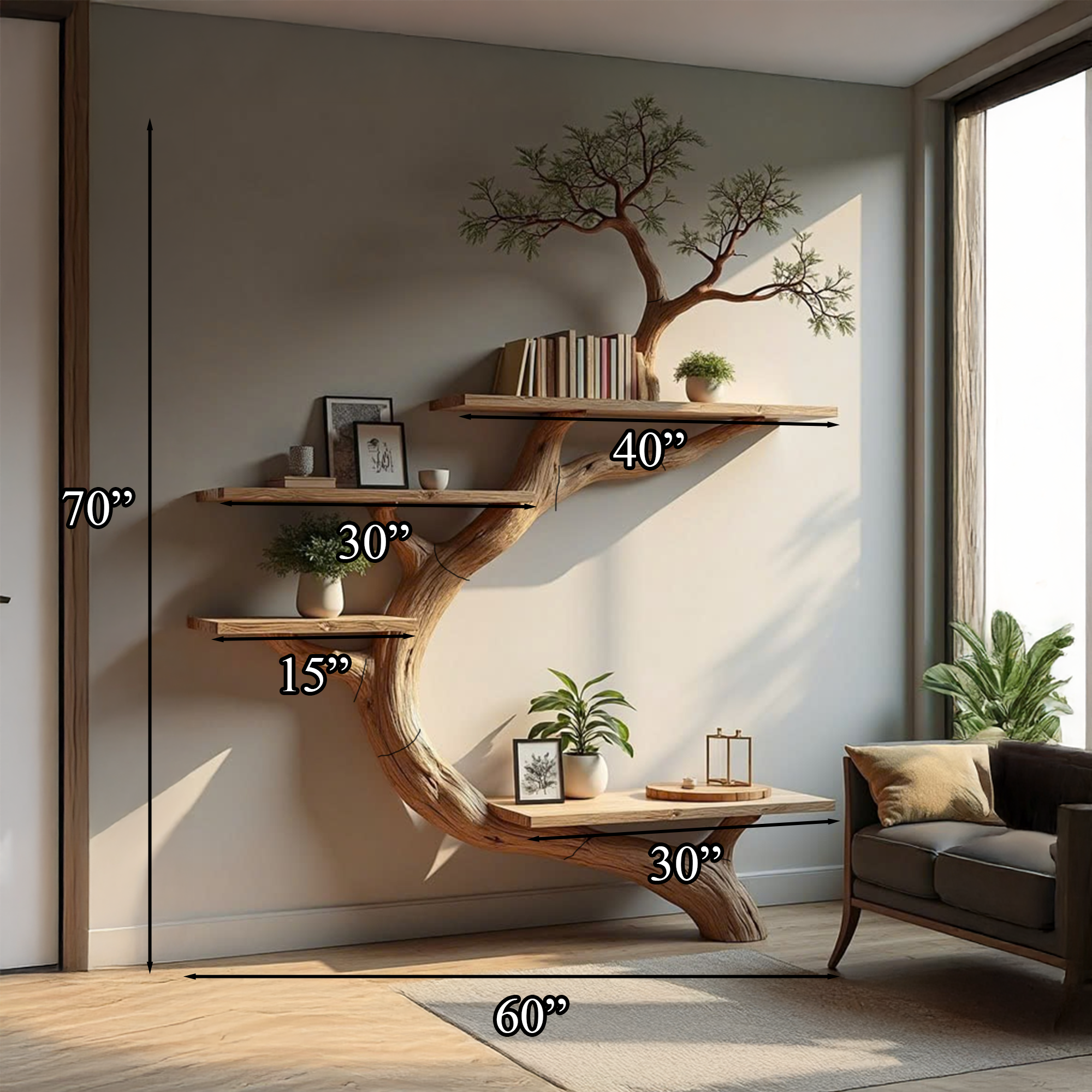 Rustic Tree Bookcase Floating Shelf Decoration Living Room SINLTB129