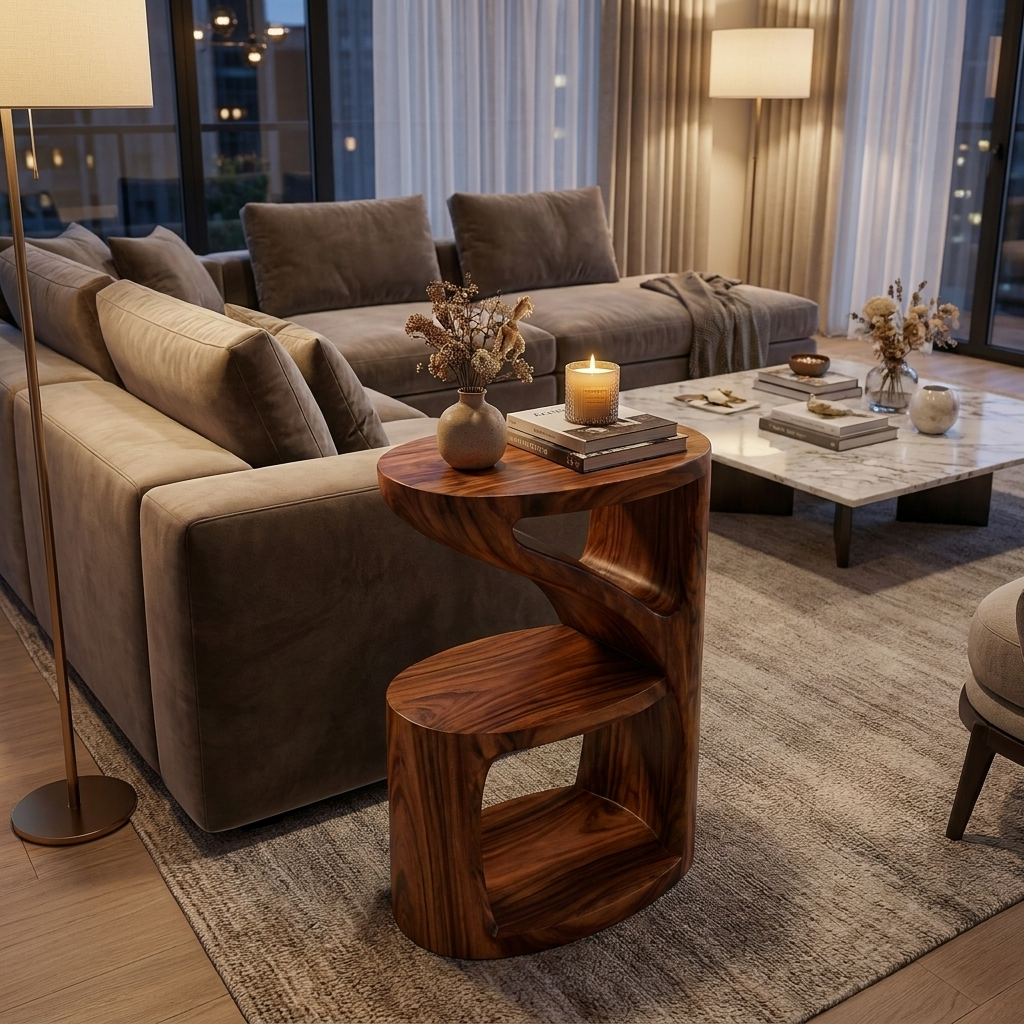 Elegant Wooden Nightstand With Sculptural Two Level For Bedroom RTTHTTNS036