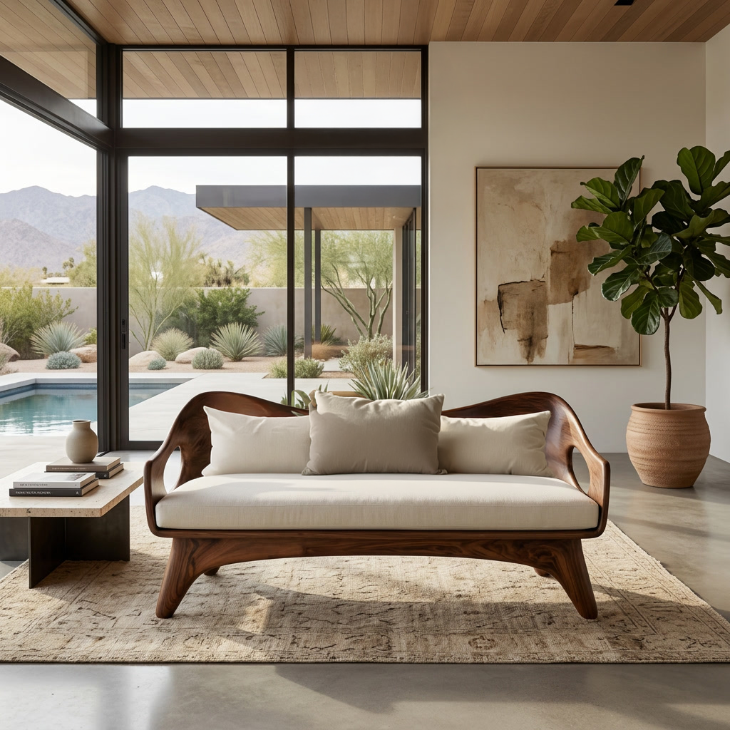 Organic Wooden Sofa With Unique Backrest For Lounge RTTHTTSF030