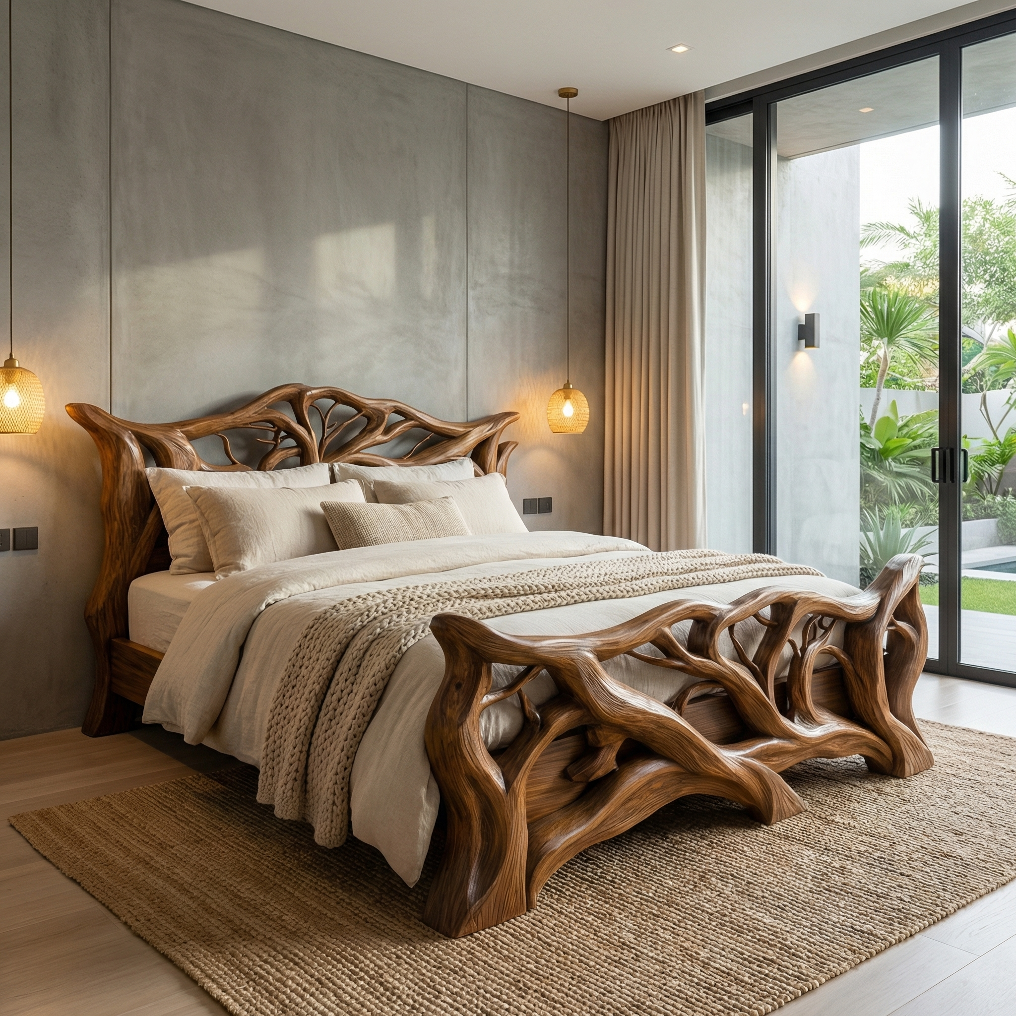 Minimal Organic Bed Frame Solid Wood Smooth Flowing Design Bedroom SINLHAWB114