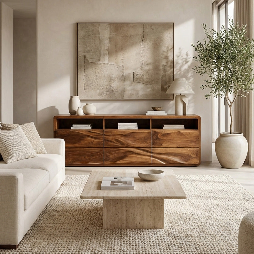 Organic Wave Carved Wood Sideboard For Living Room RTTHHNSD029