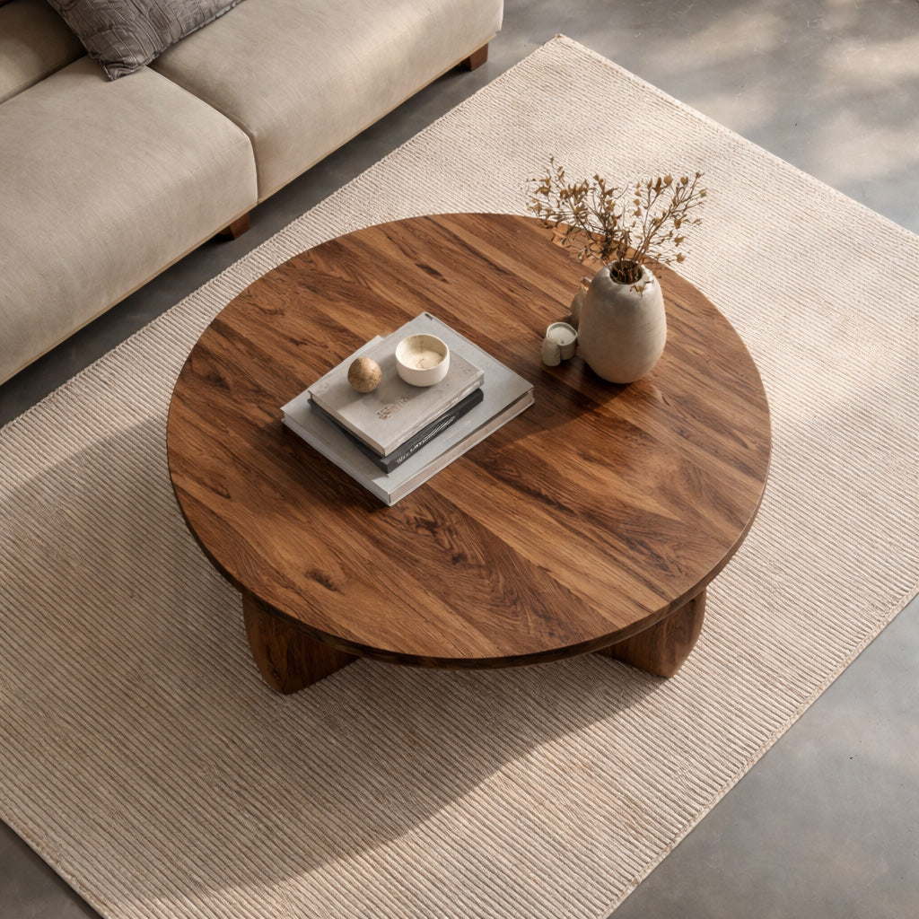 Round Wooden Coffee Table Unique Base Design For Home RTTHHNCF067