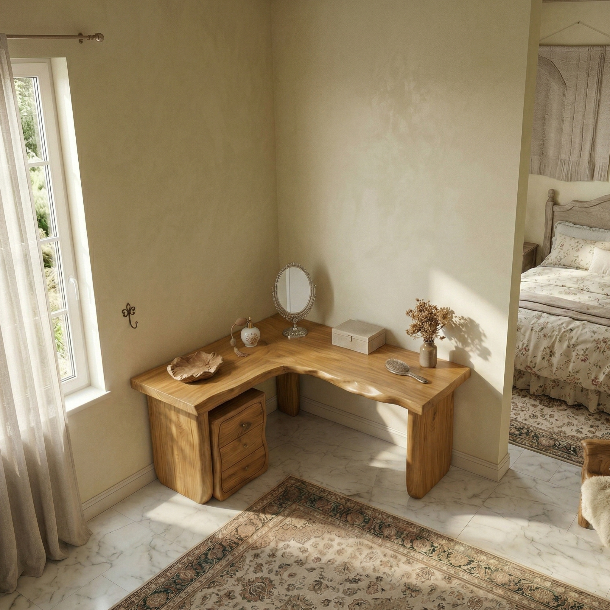 Minimal Organic Vanity Table Makeup Desk Corner L Shape Bedroom And Vanity Area SINLSABDT063