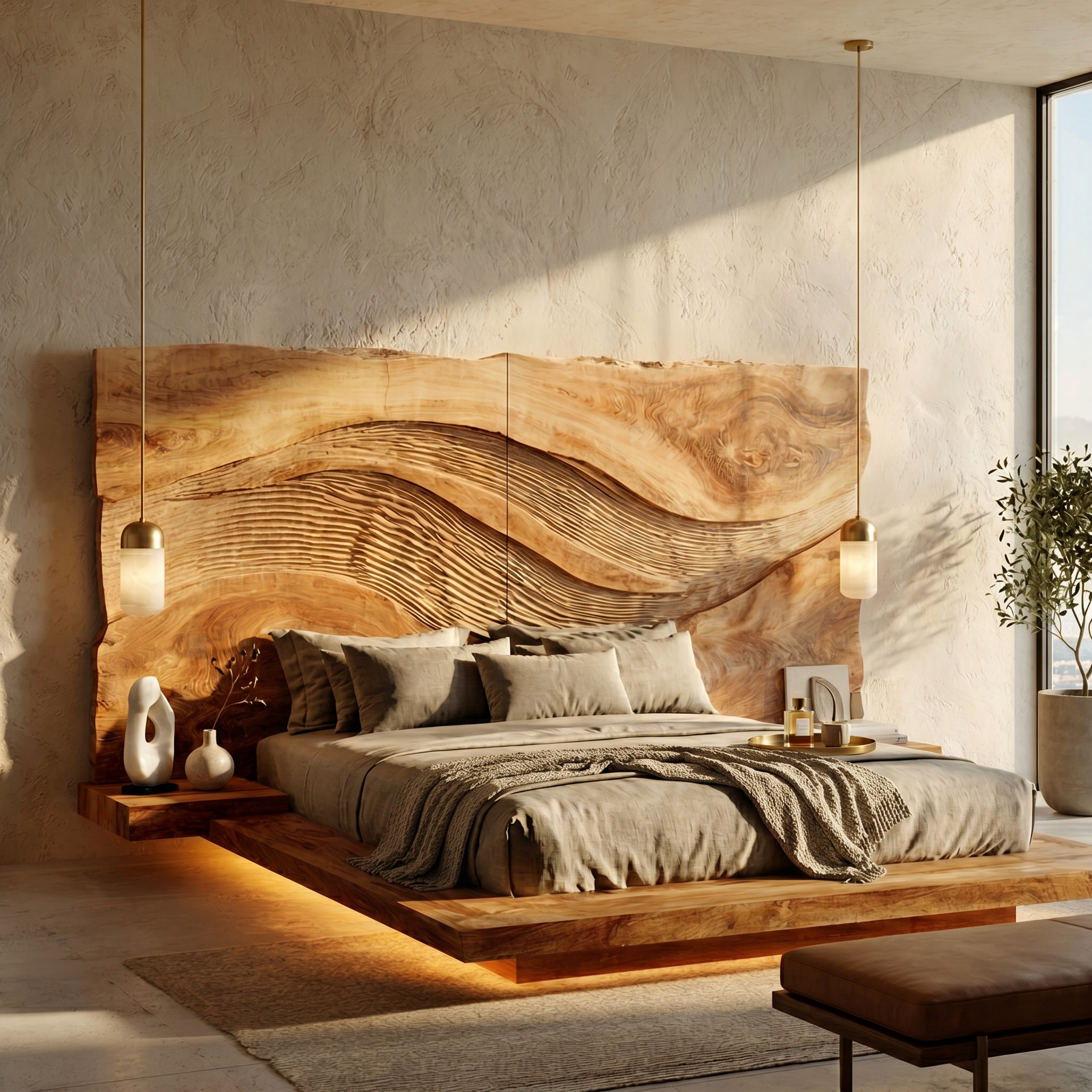 Contemporary Wave Carved Wood Headboard For Warm Minimalist Bedroom SILDTTRHB017