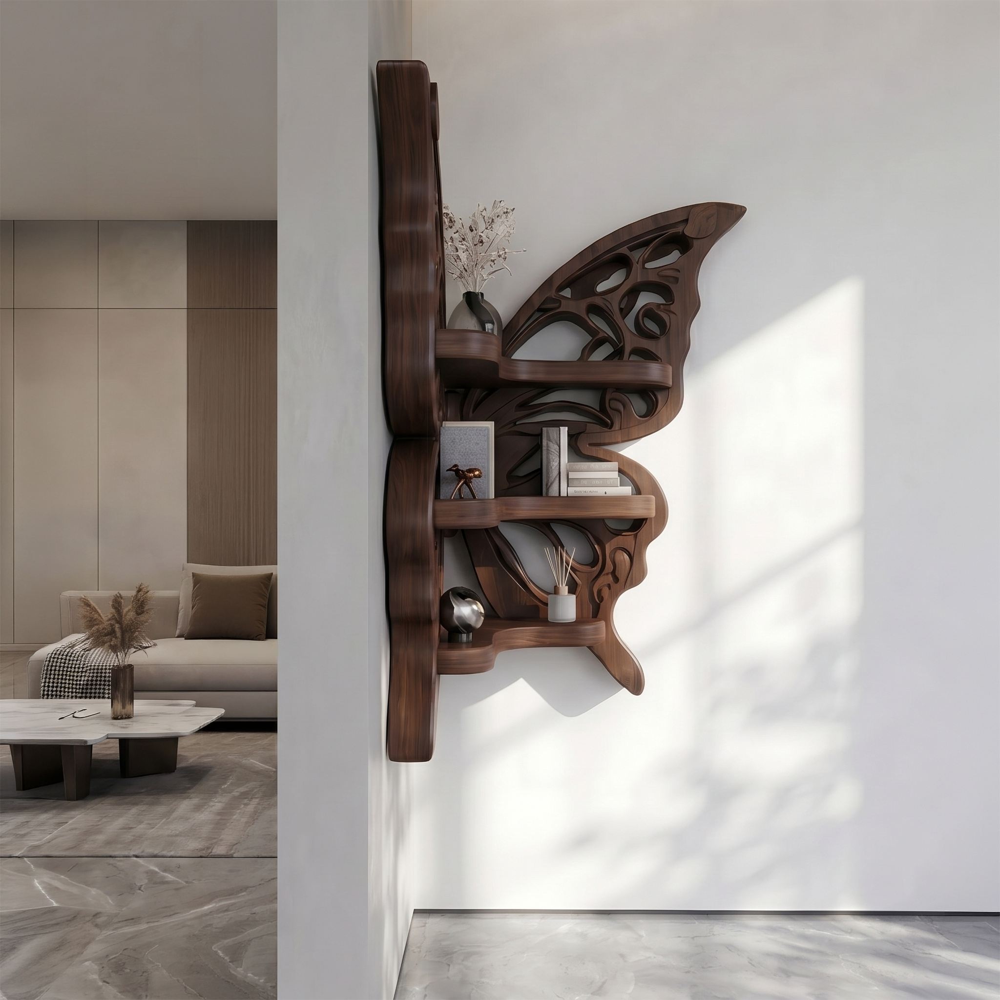 Sculptural Butterfly Floating Shelf With Handcrafted Solid Wood Design For Living Room SINLSAFL544