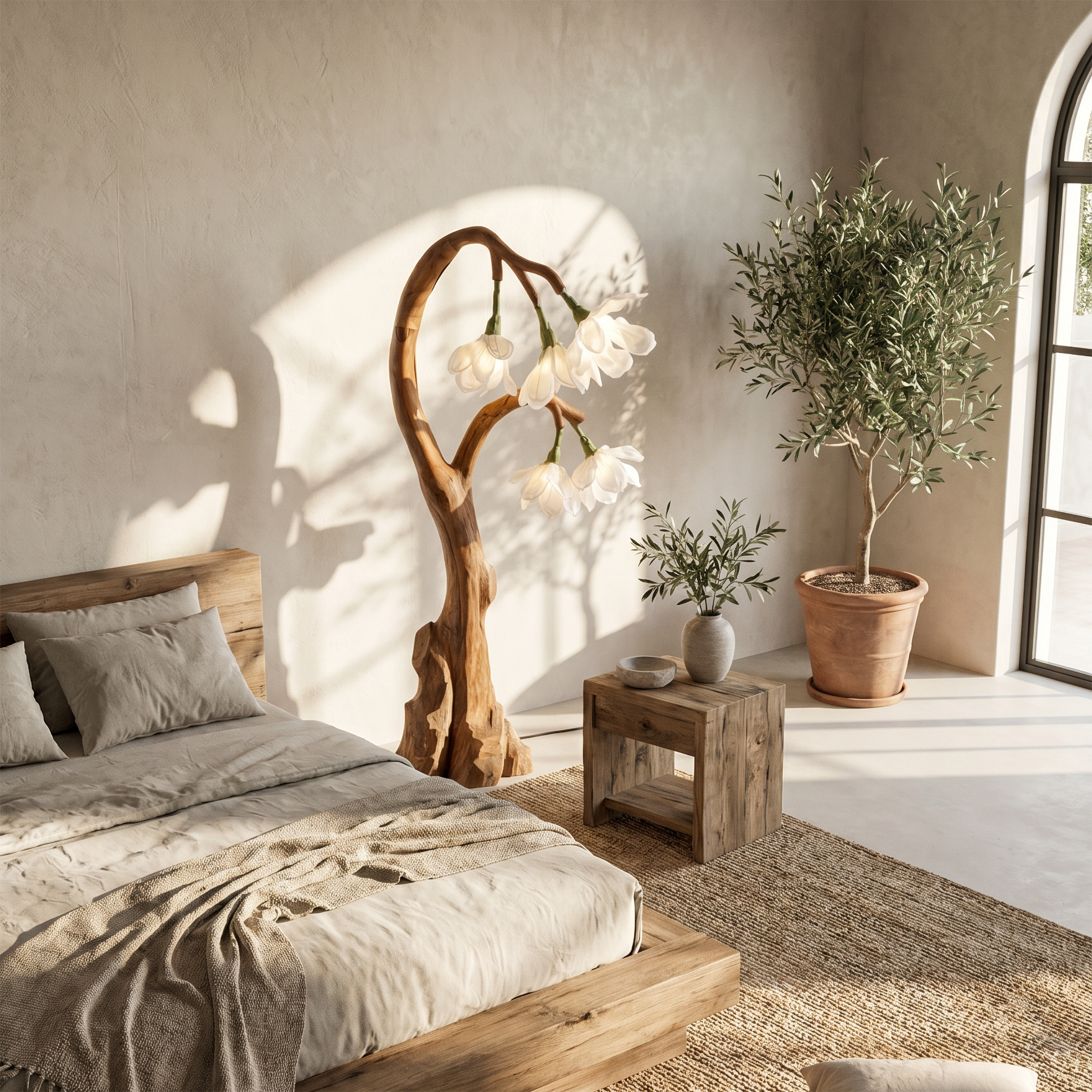 Artistic Floral Floor Lamp With Natural Wood Base For Living Room And Bedroom SINLSAFLP077