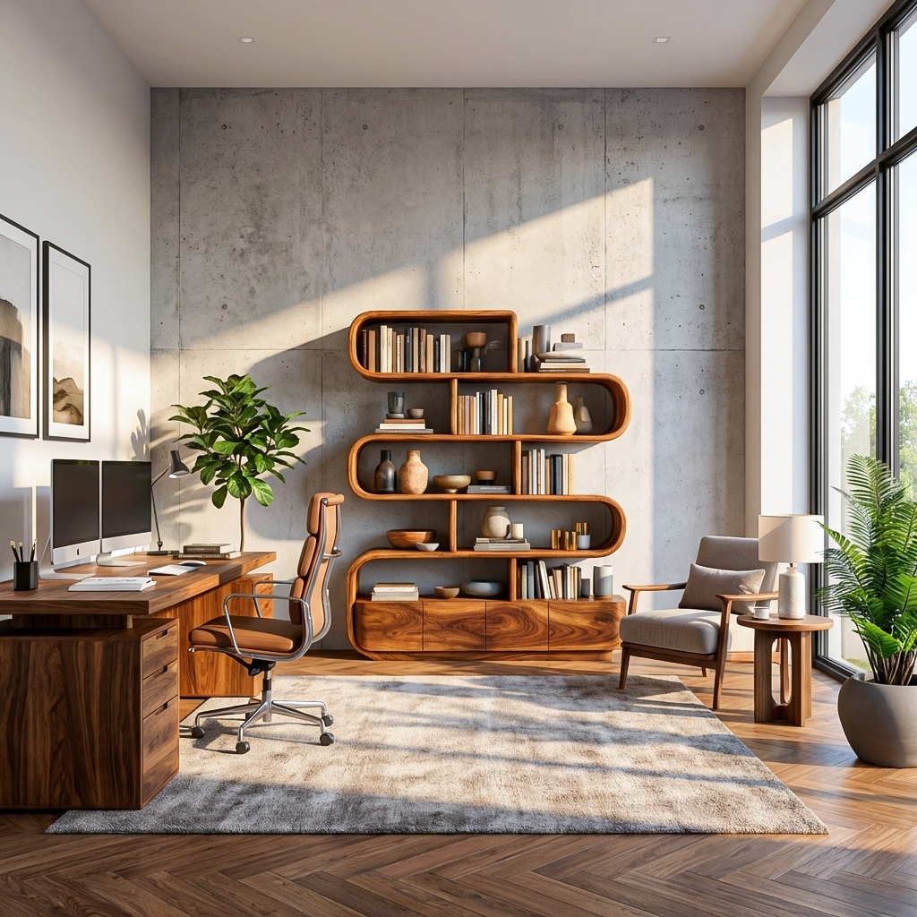 Organic Wooden Bookshelf With Flowing Form For Home Interior RTTHTTBS116