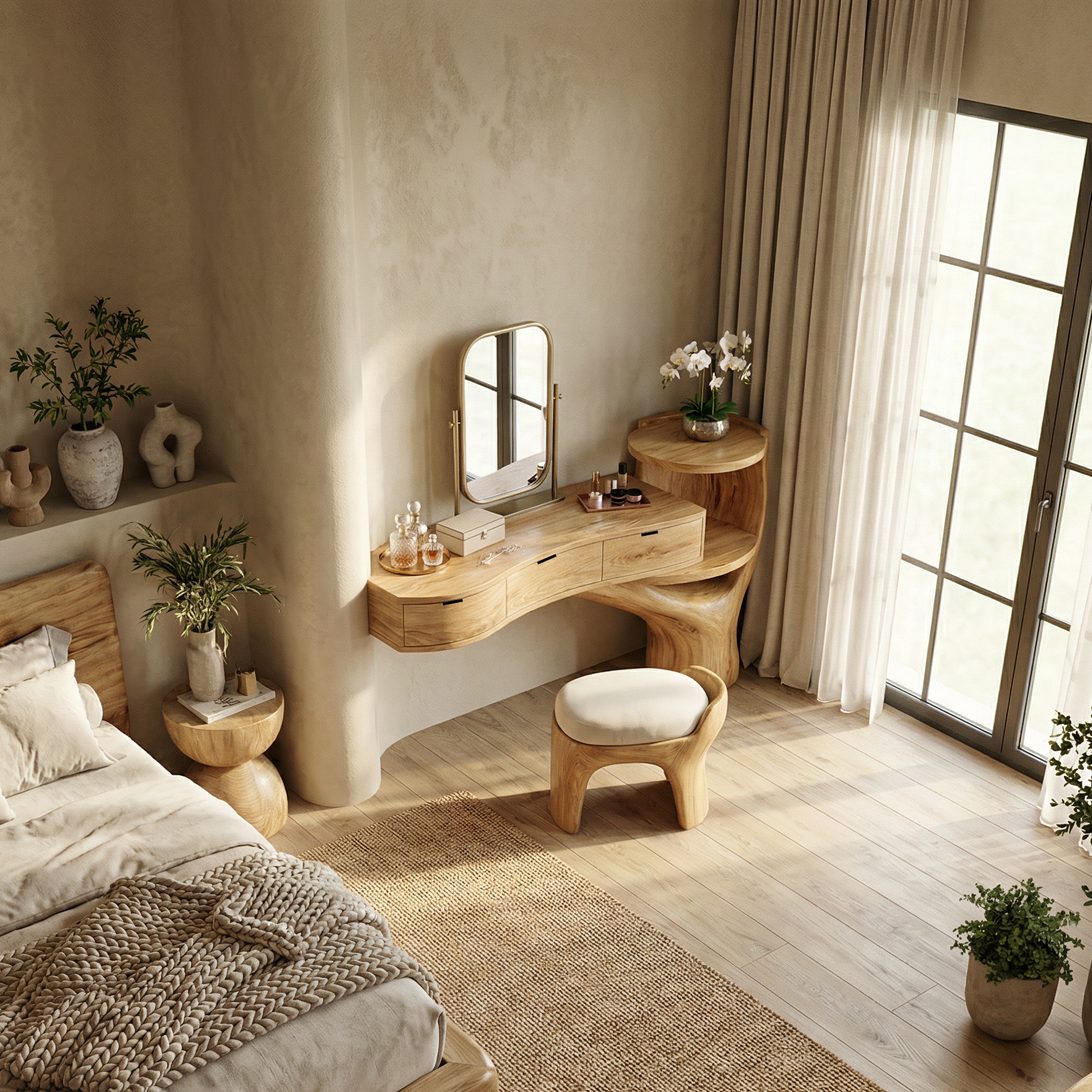 Organic Tree Base Floating Dressing Table With Drawers Makeup Vanity Desk For Bedroom SINLSABDT069