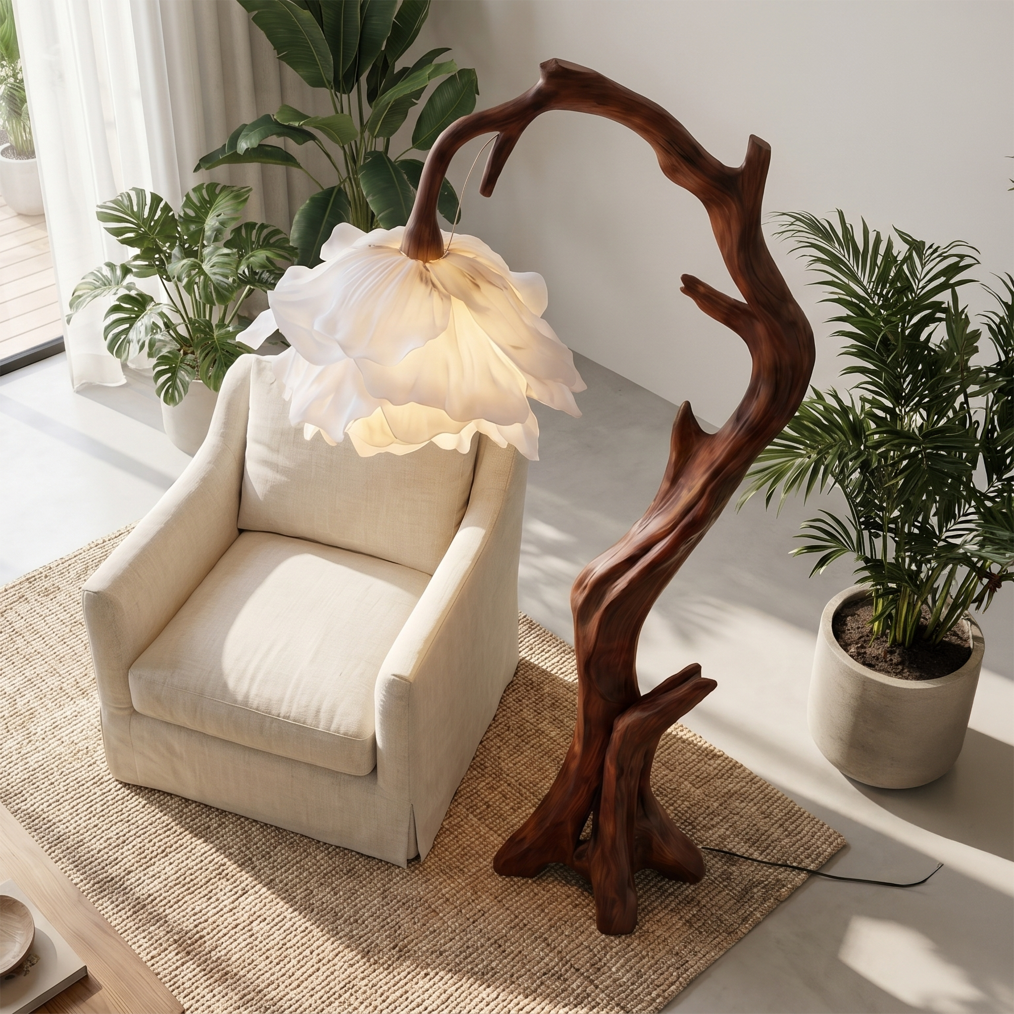 Nature Inspired Flower Floor Lamp With Solid Wood Base For Living Room And Bedroom SINLSAFLP081