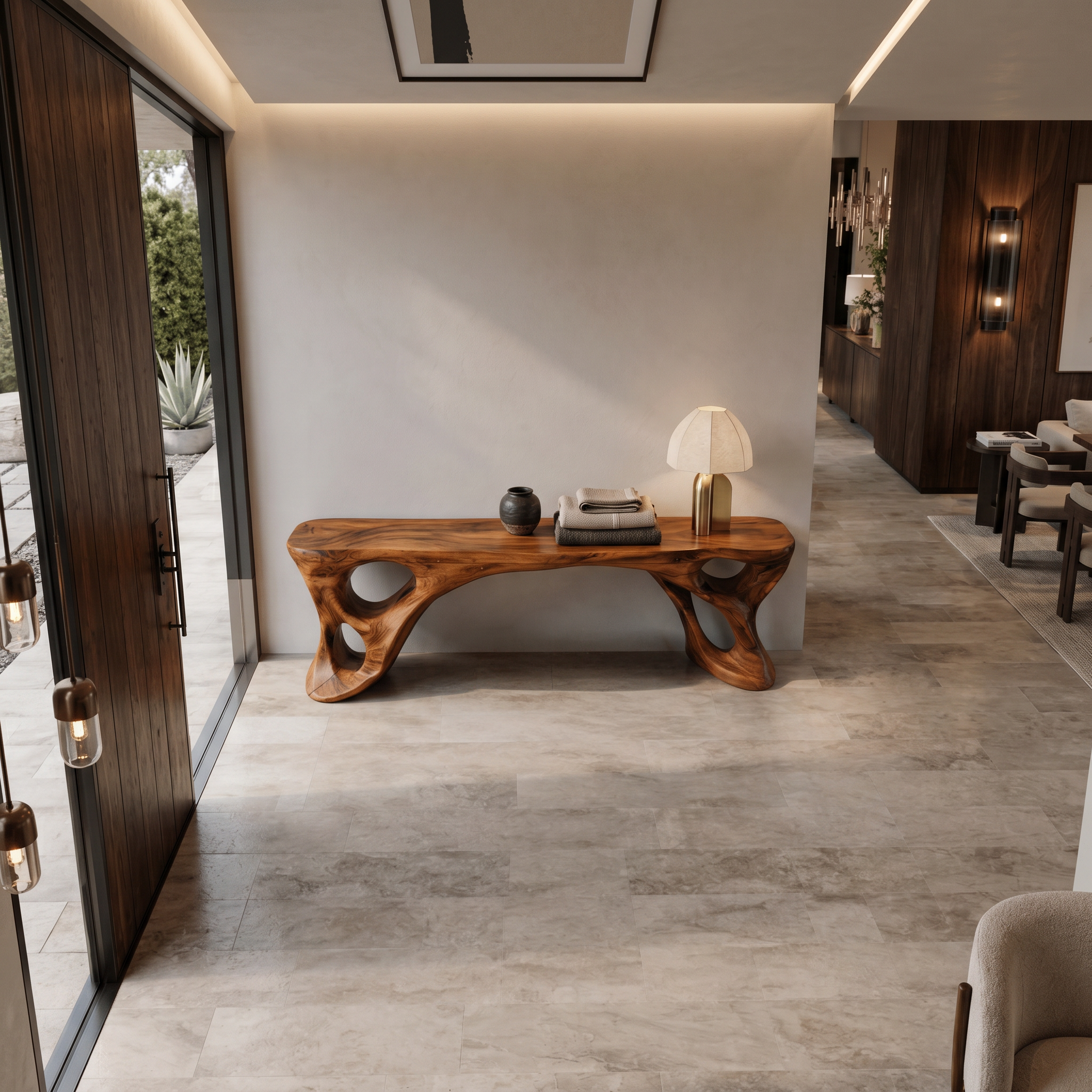 Sculptural Bench With Carved Design For Entryway SITHTTCHR049