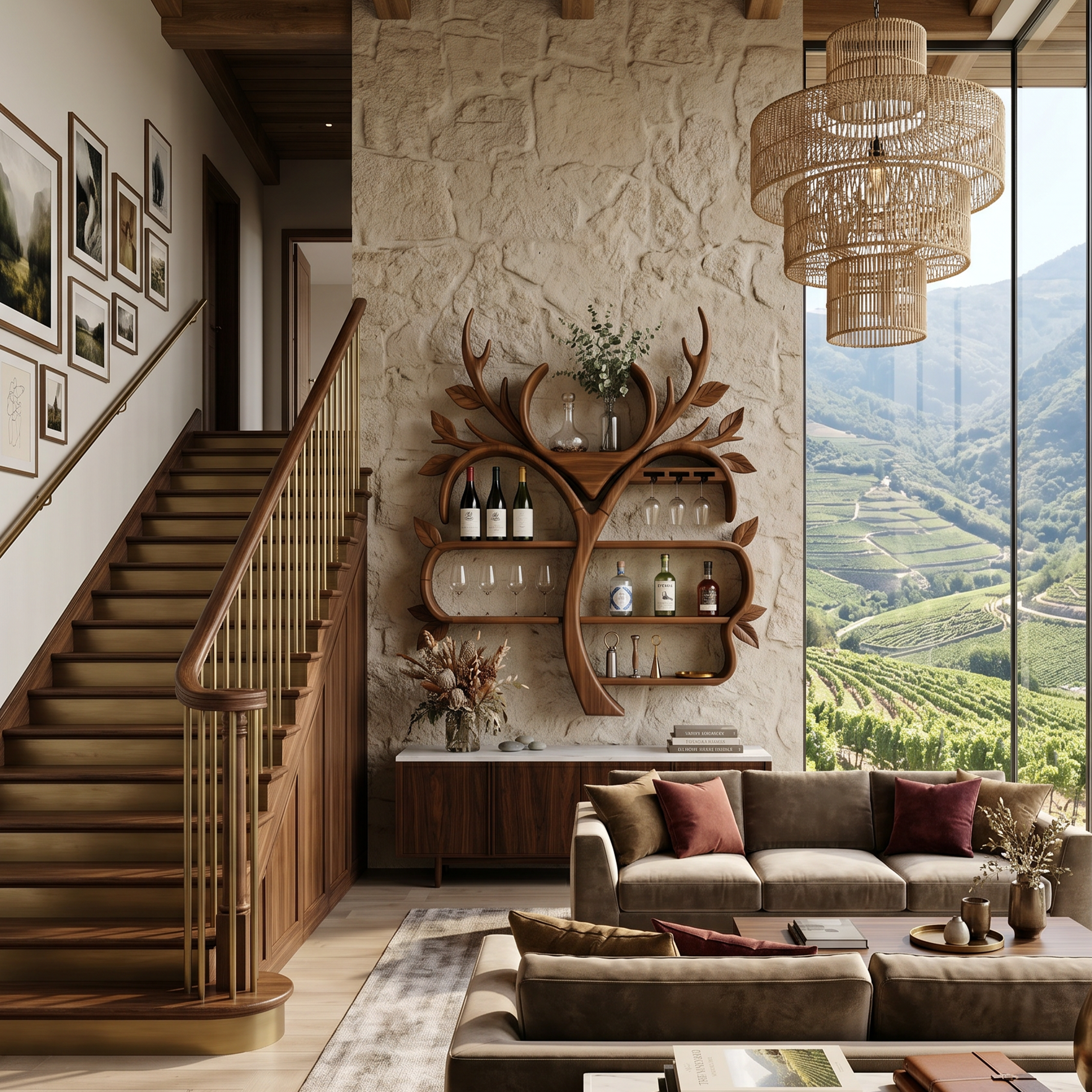Resort Style Tree Inspired Wine Bar Shelf For Living Room SILDTTNWH052
