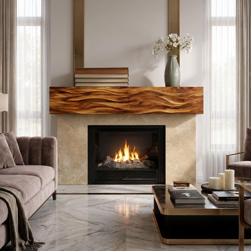 Rustic Wooden Fireplace Shelf With Wave Carved For Living Room RTTHTTFS015