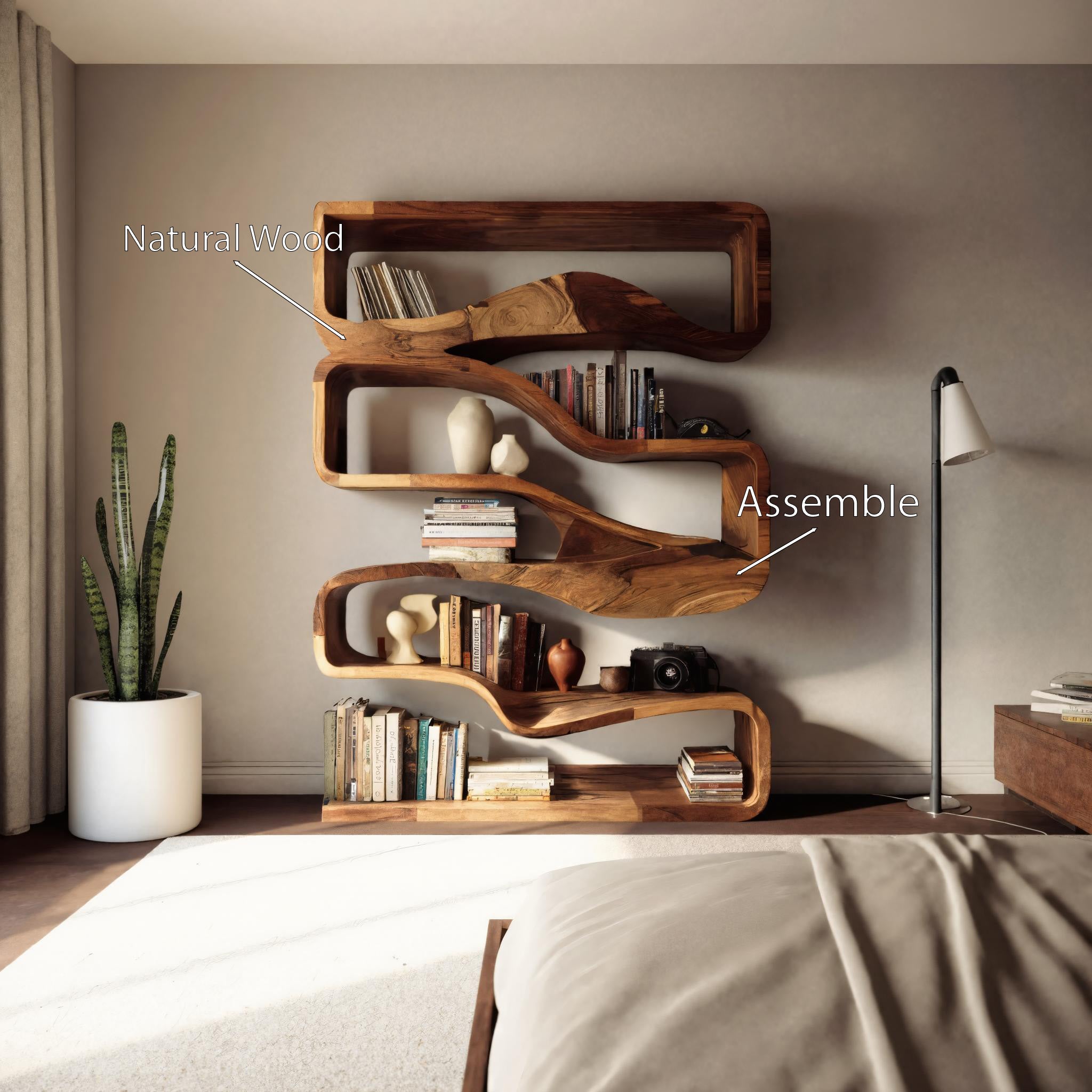 Modern Curved Bookshelf With Flowing Design For Bedroom SITHHNBS033