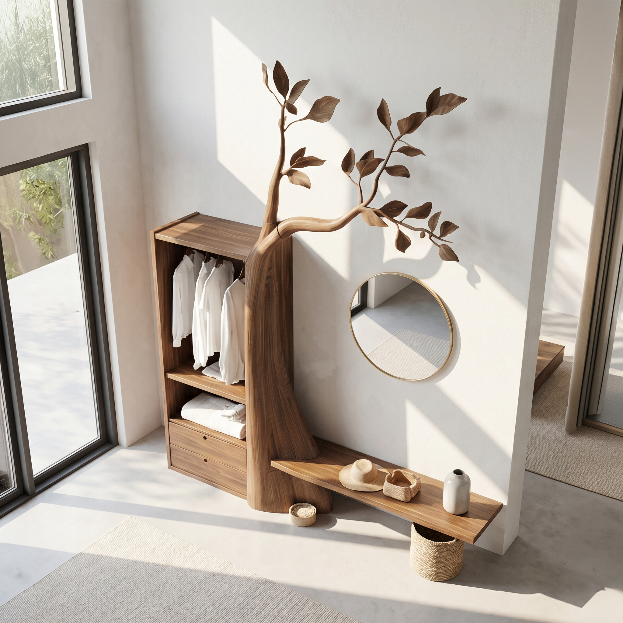 Organic Modern Tree Coat Rack Seating Bench Entryway And Bedroom SINLSATCR116