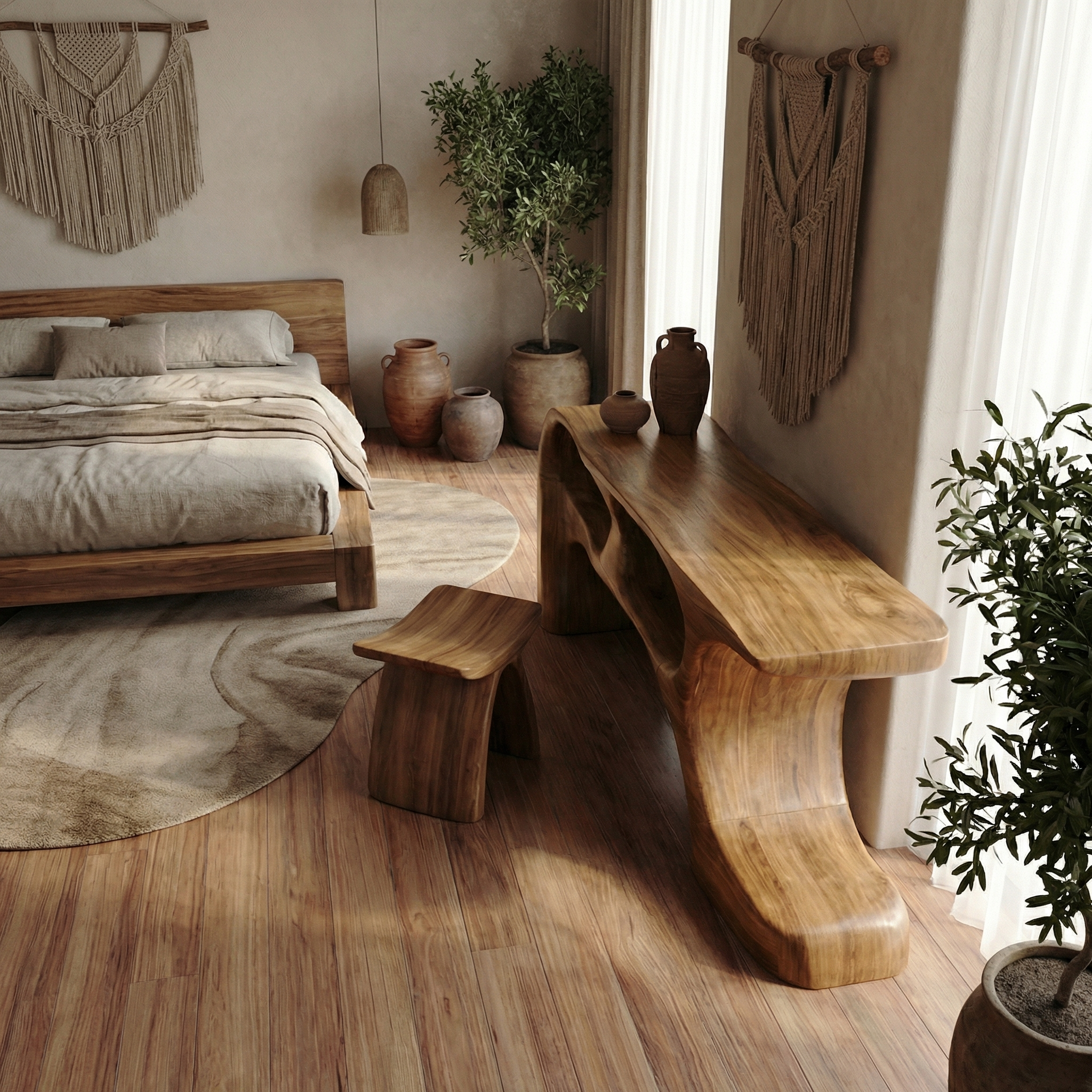 Sculptural Dressing Table Solid Wood Flowing Curve With Shelf Design Bedroom And Vanity Space SINLSABDT059