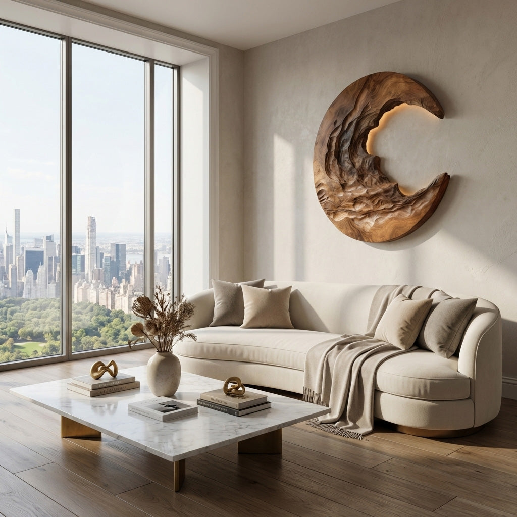 Organic Modern Crescent Wood Wall Art With Light For Living Room RTTHHNWA170