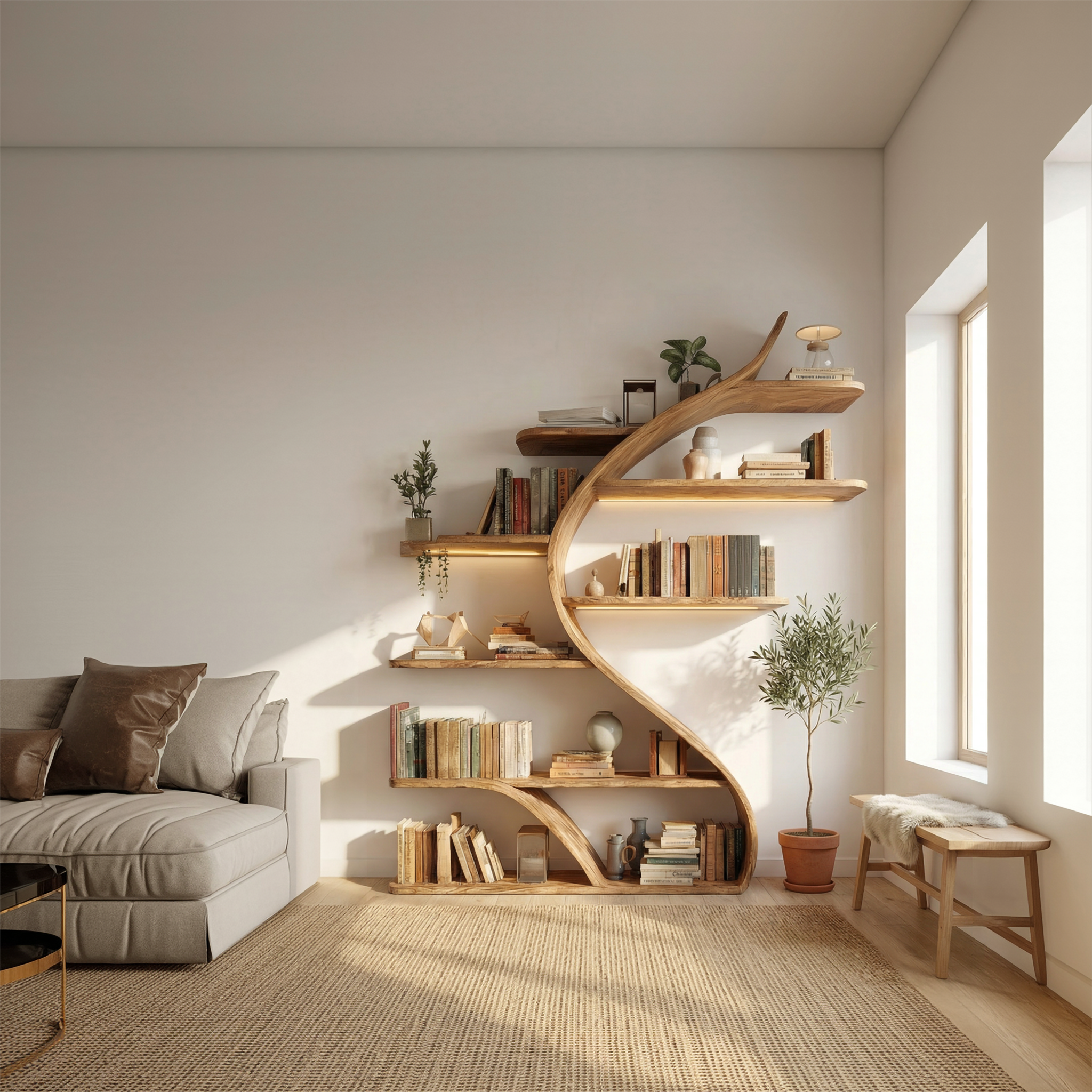 Rustic Curved Wall Bookshelf For Bedroom And Living Room SINLSASC471
