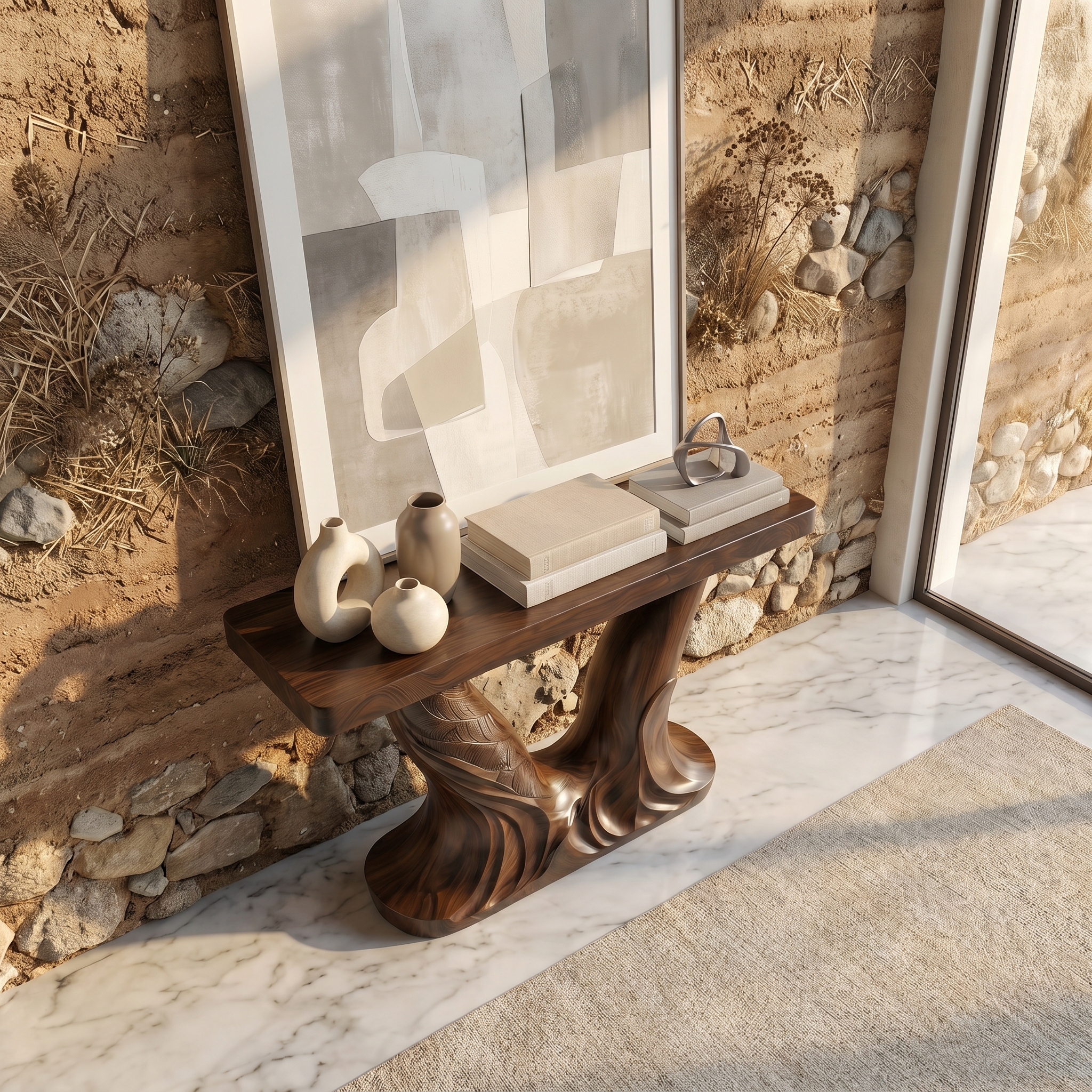 Organic Console Table With Sculptural Double Pedestal Base For Entryway SINLSACS628