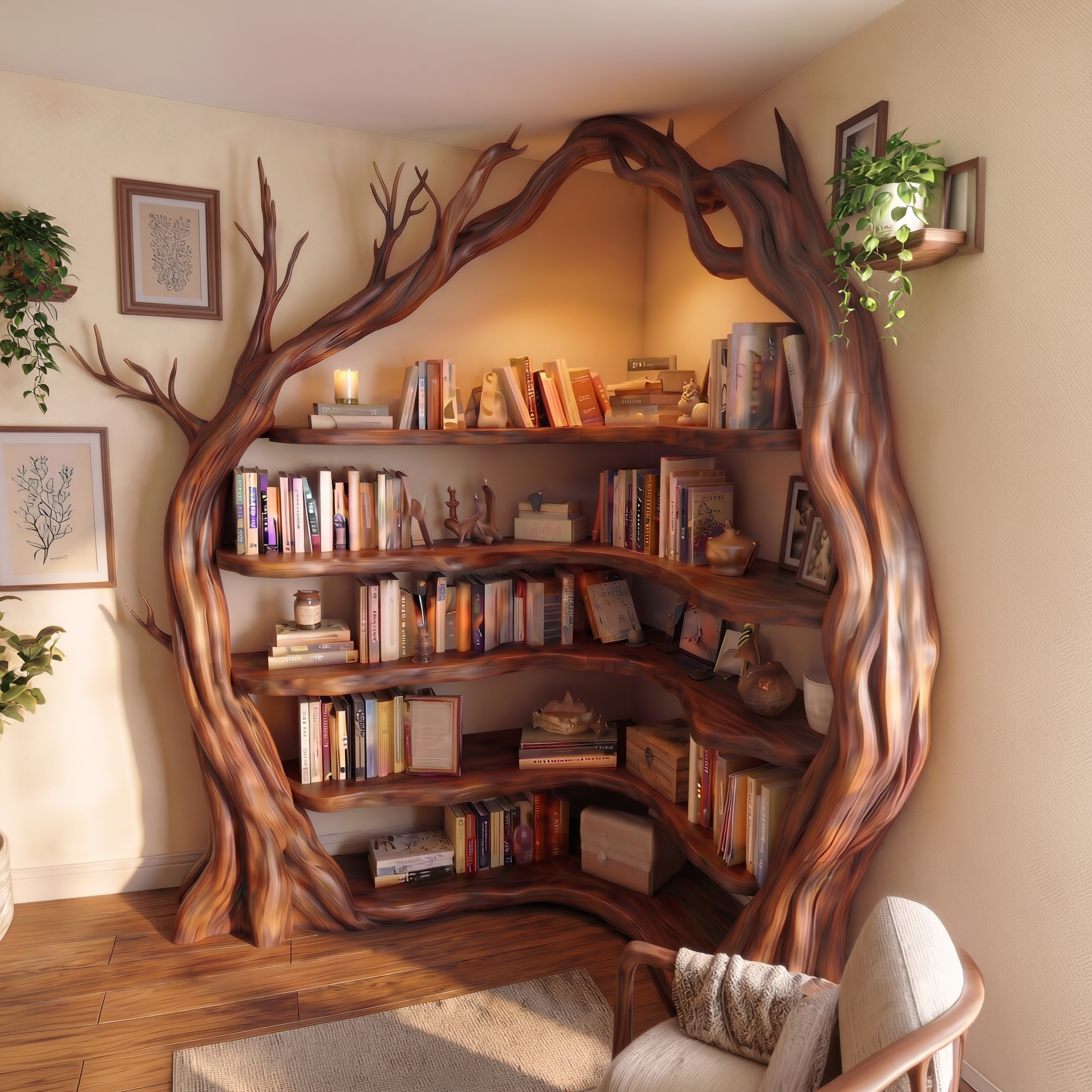Statement Tree Corner Bookshelf For Living Room And Reading Nook SINLSATB733