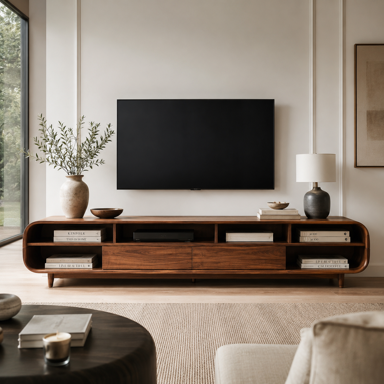 Mid Century Wooden TV Cabinet With Multiple Compartments For Living RTTHHNTVC111