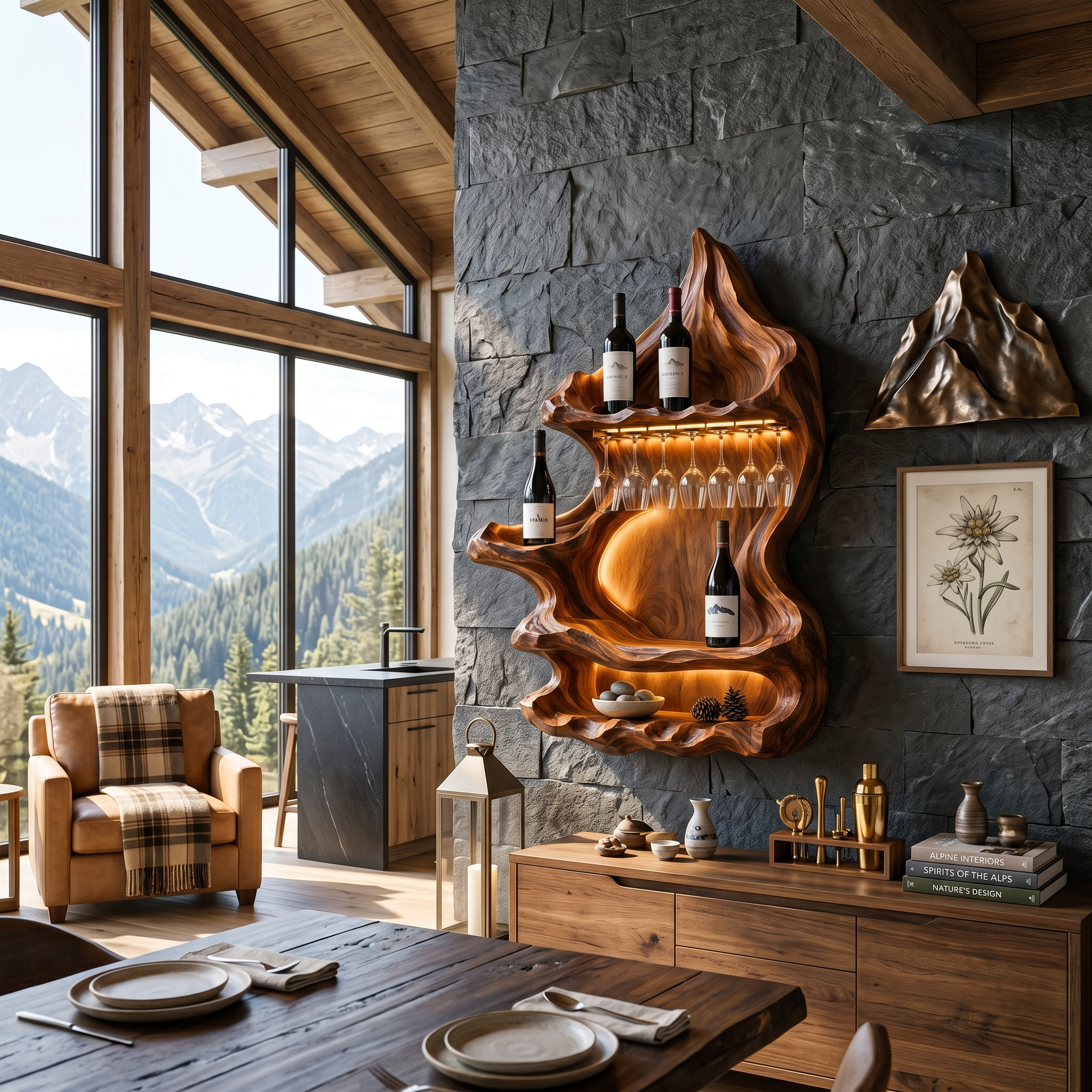 Organic Mountain Inspired Wine Shelf For Lounge Area SILDTTNWH046
