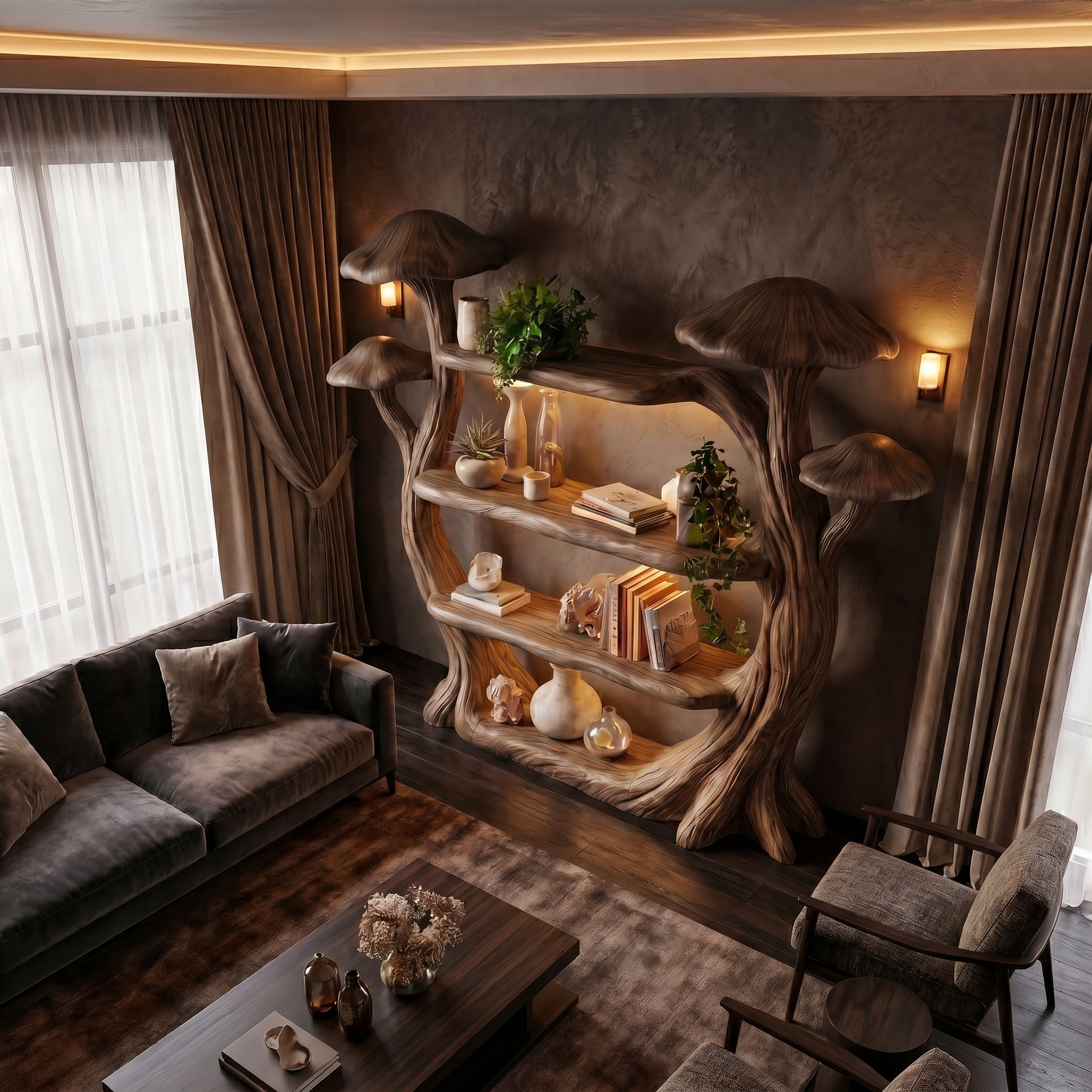 Natural Wood Mushroom Bookcase For Living Room And Reading Room SINLSATB727