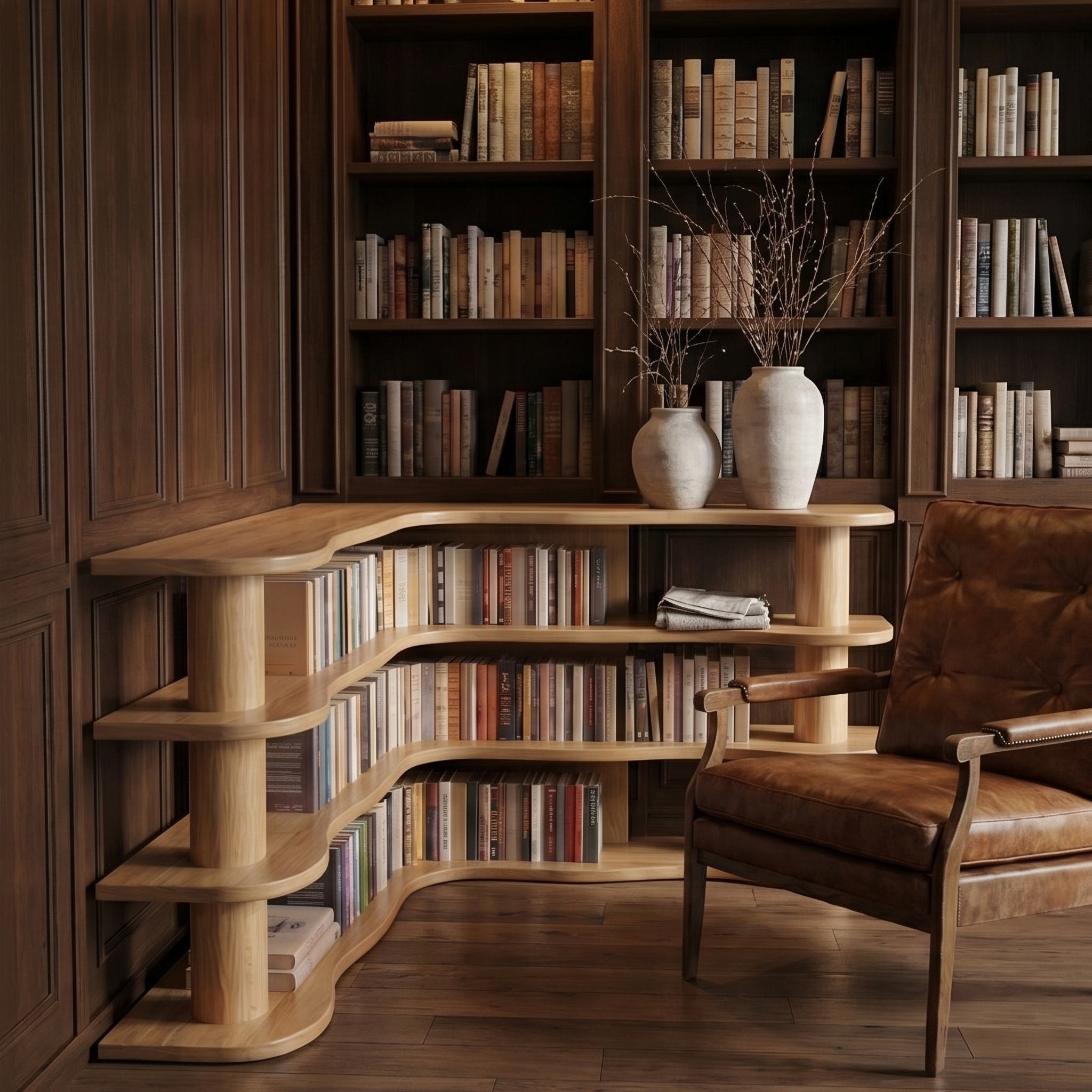 Scandinavian Corner Bookshelf With Rounded Multi Tier Wooden Shelves For Living Room And Bedroom SINLSABS020