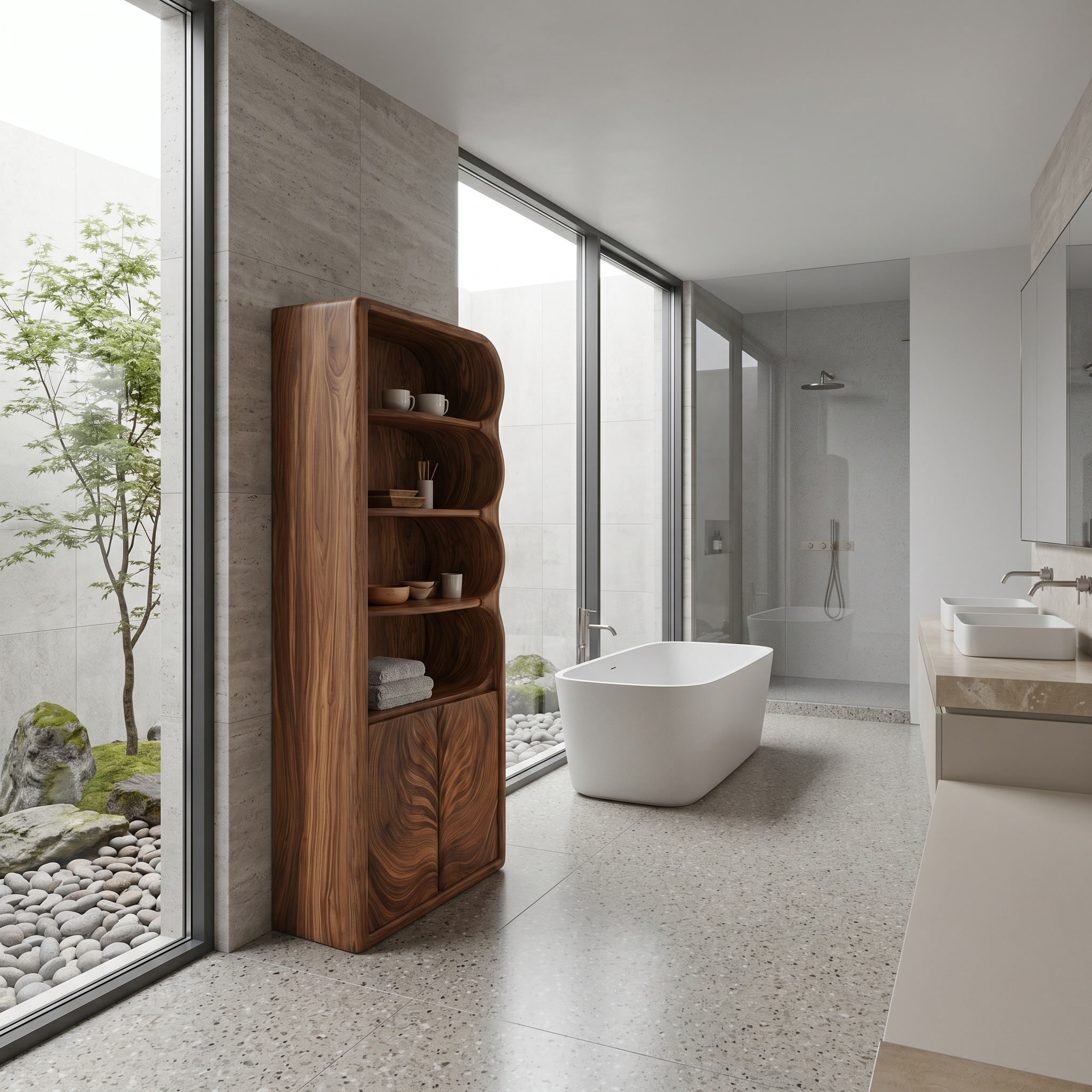 Modern Organic Bathroom Storage Cabinet With Curved Shelves And Carved Wooden Doors For Bathroom SINLSABCT021