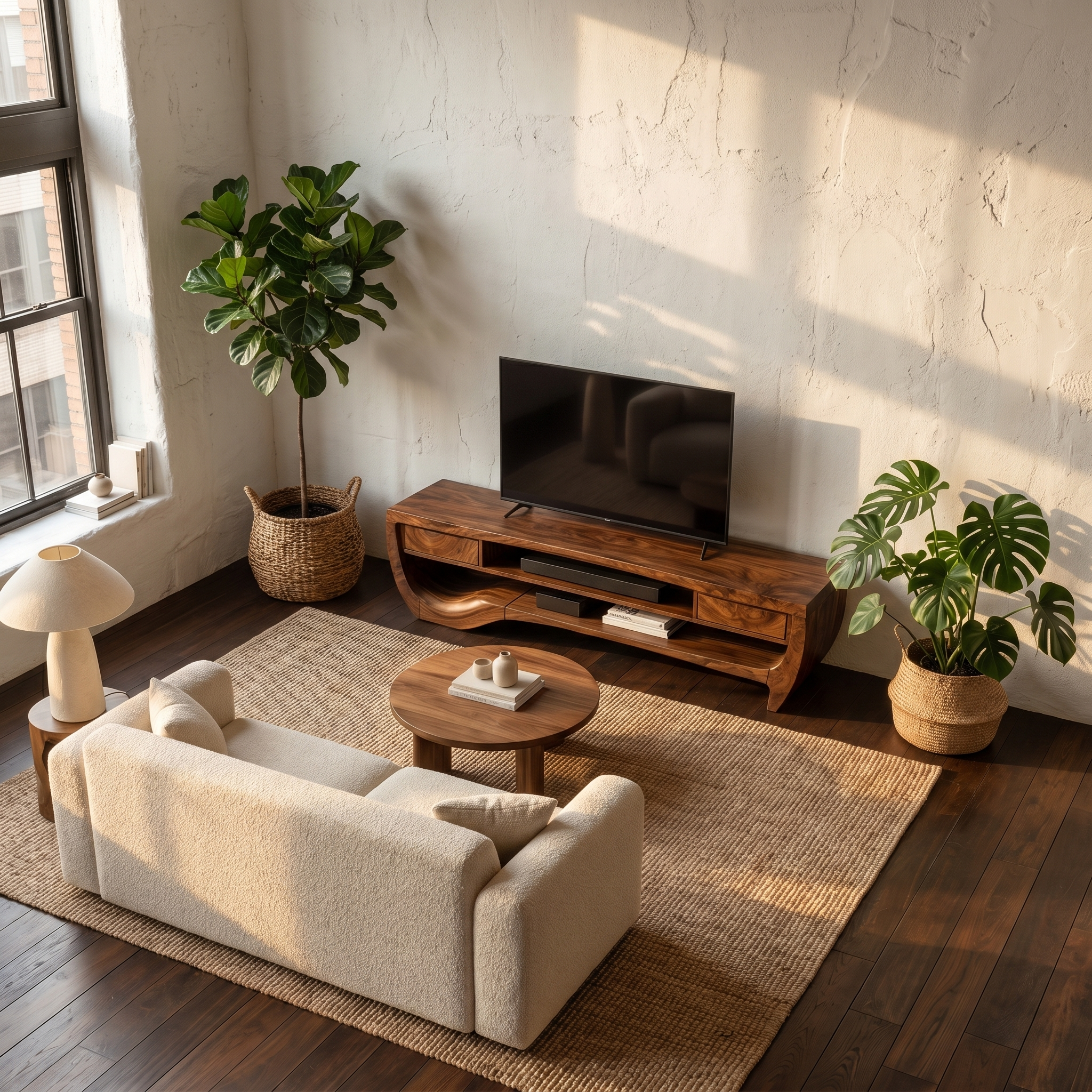 Organic TV Cabinet With Open Storage And Sculptural Curved Wood Design For Living Room SINLHATC045