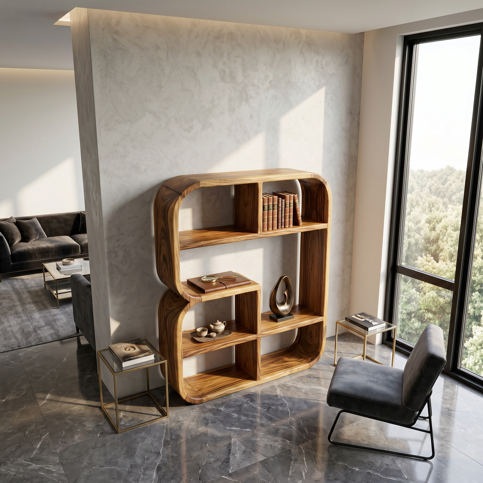 Modern Curved Wooden Bookshelf In Coastal Style SILDTTRBS039