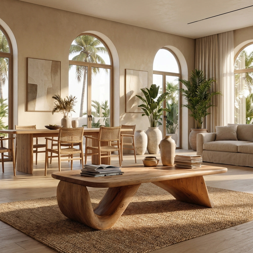Organic Wood Coffee Table With Sculpted Curved Base For Living RTTHHNCF064