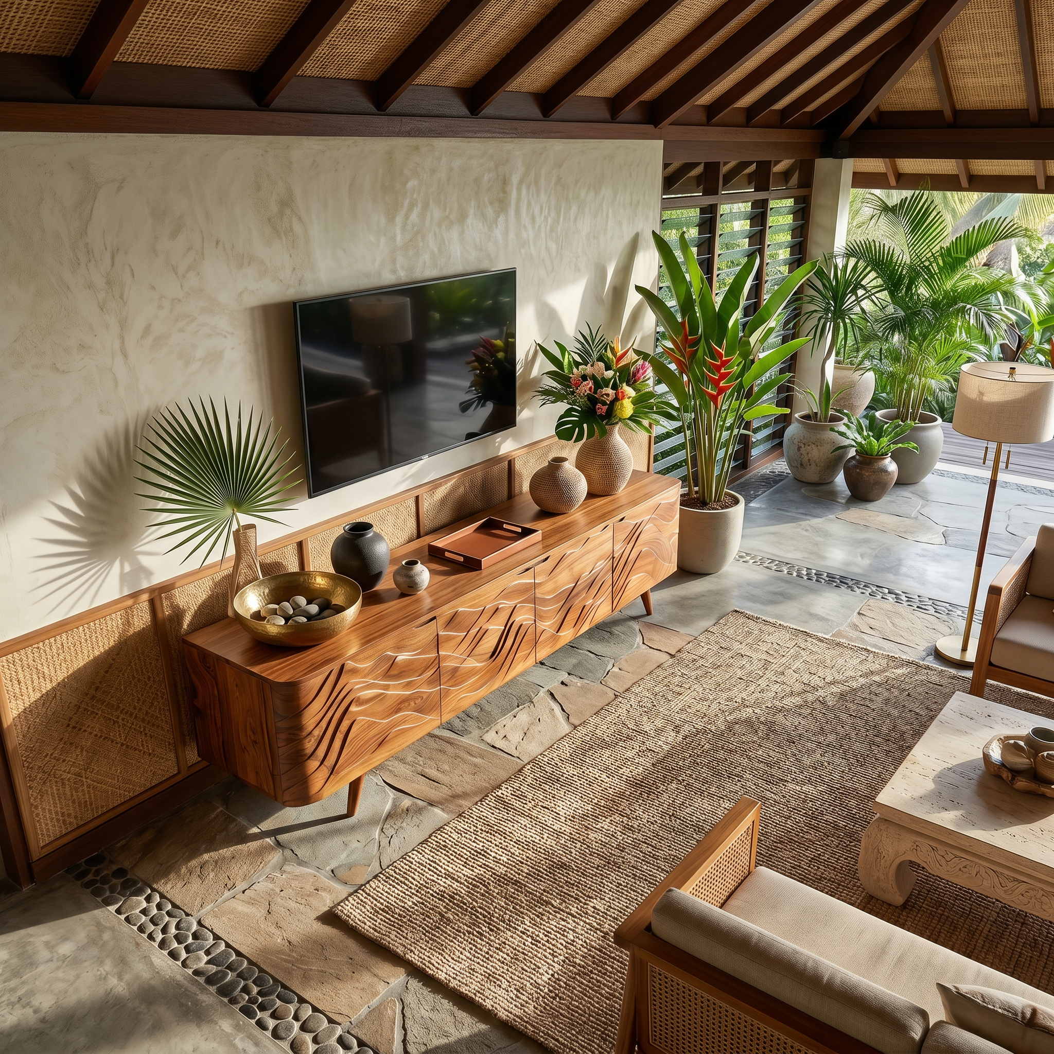 Handcrafted Wave Wood TV Stand For Media Room SILDTTRTVC074