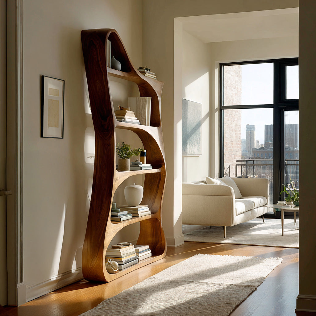 Modern Sculptural Natural Wood Bookshelf For Living Room RTTHHNBS162