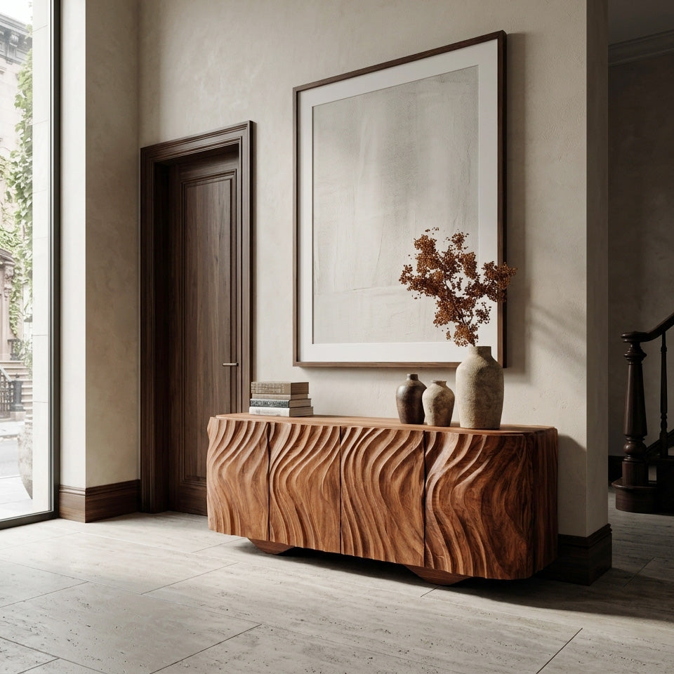 Farmhouse Wooden Sideboard With Carved Wave Doors For Living Storage RTTHHNSD041
