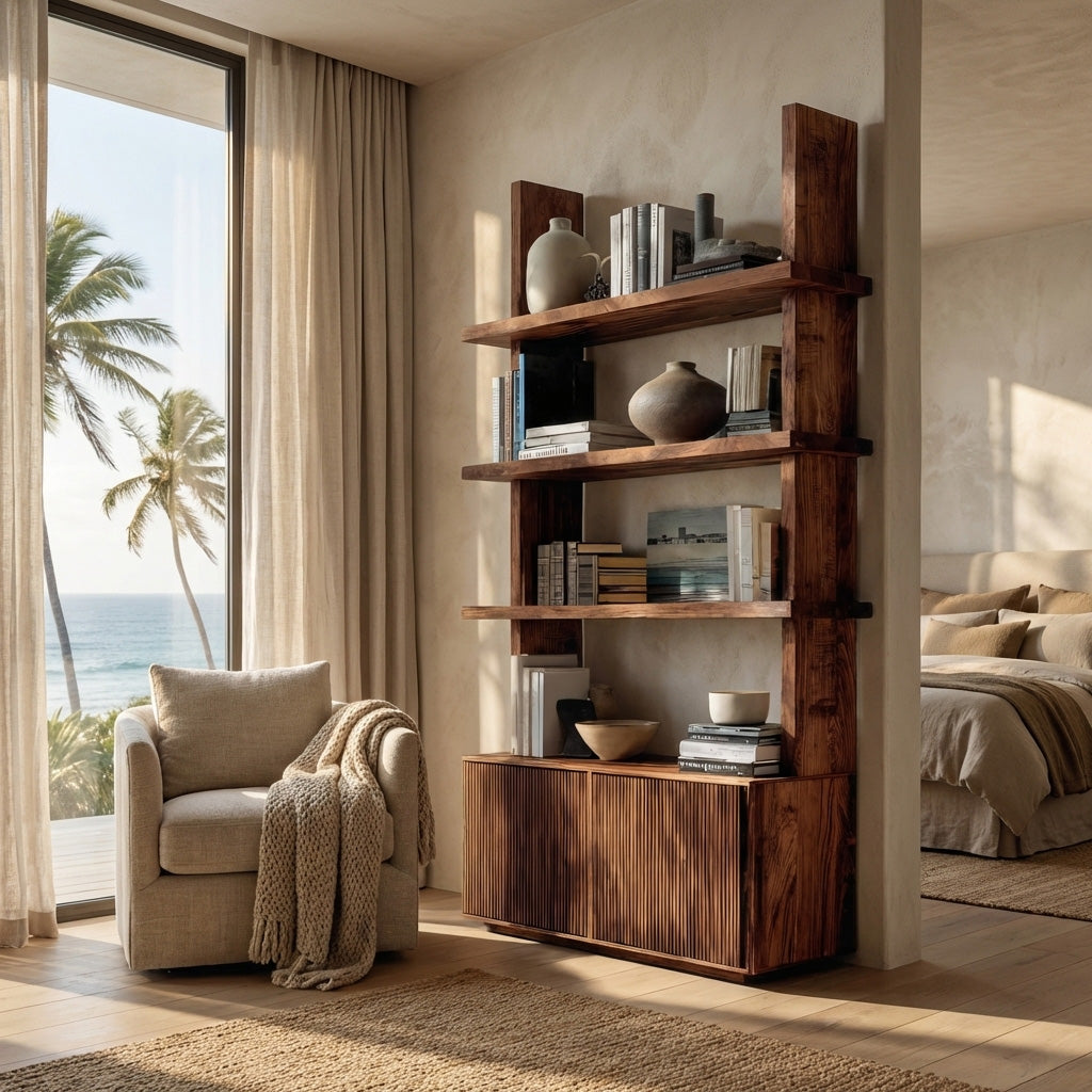 Contemporary Fluted Wood Bookshelf For Living Decor RTTHHNBS145