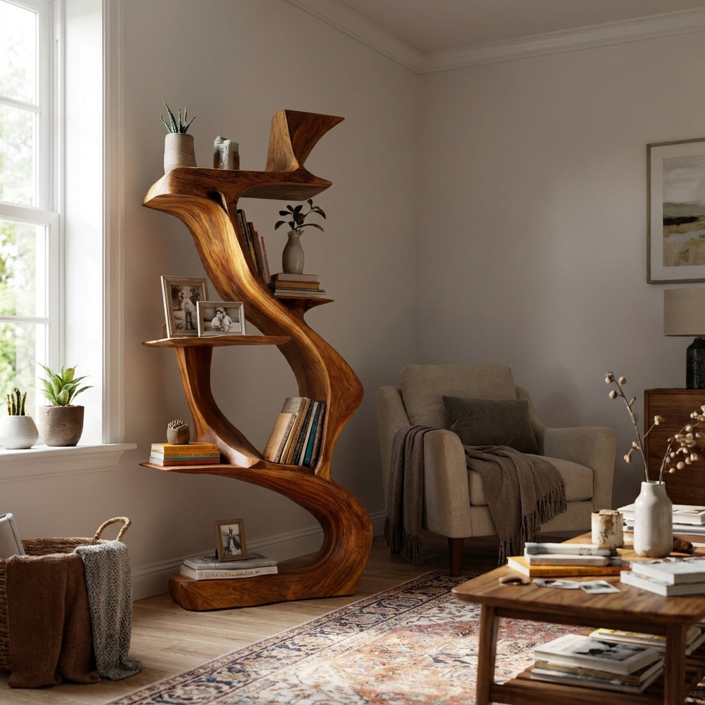 Sculptural Natural Wood Bookshelf For Living Room RTTHHNBS167