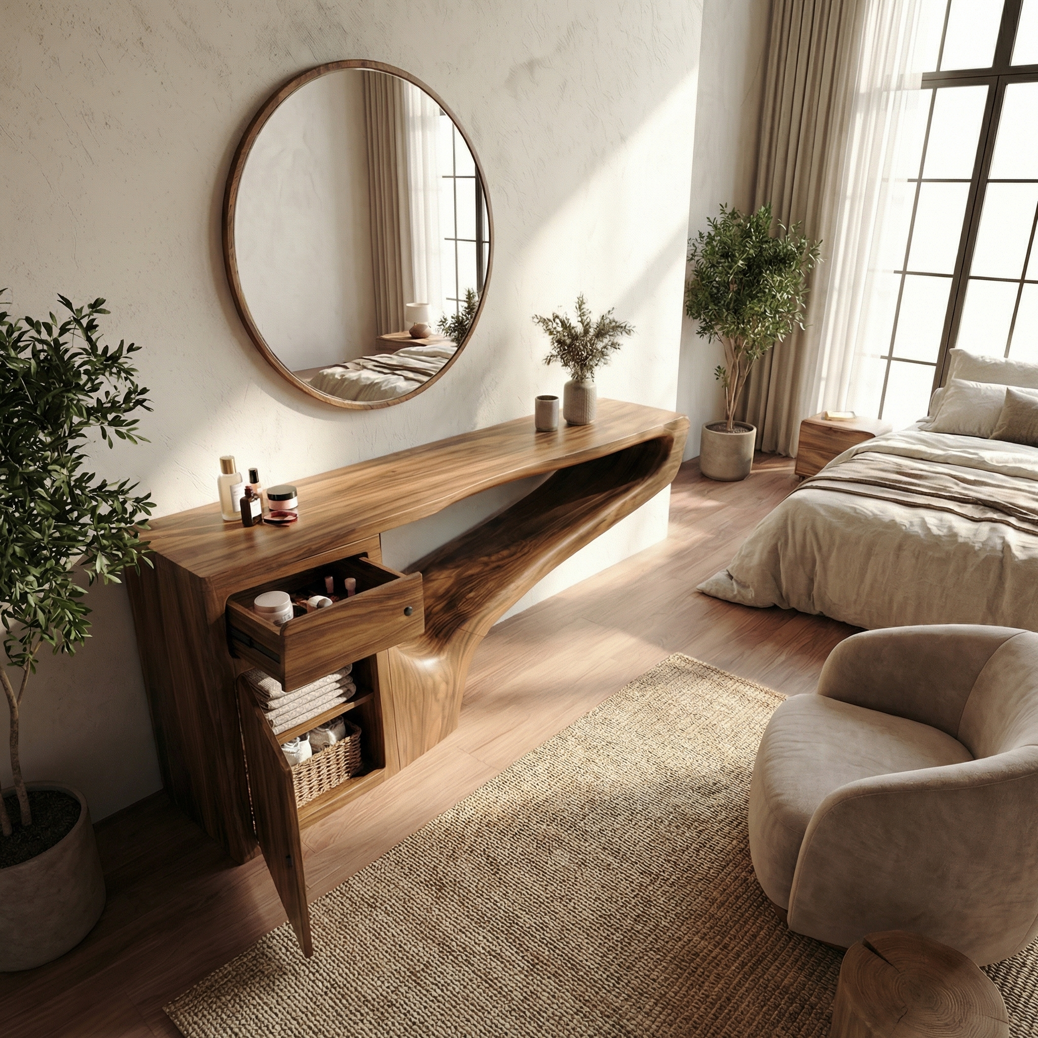 Modern Asymmetrical Dressing Table Solid Wood Integrated Storage Design Bedroom SINLSABDT060