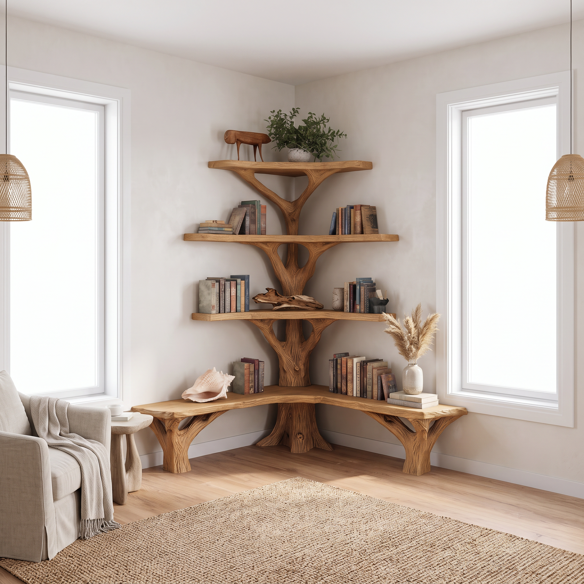 Rustic Tree Bookshelf Corner Living Room SINLSATB230