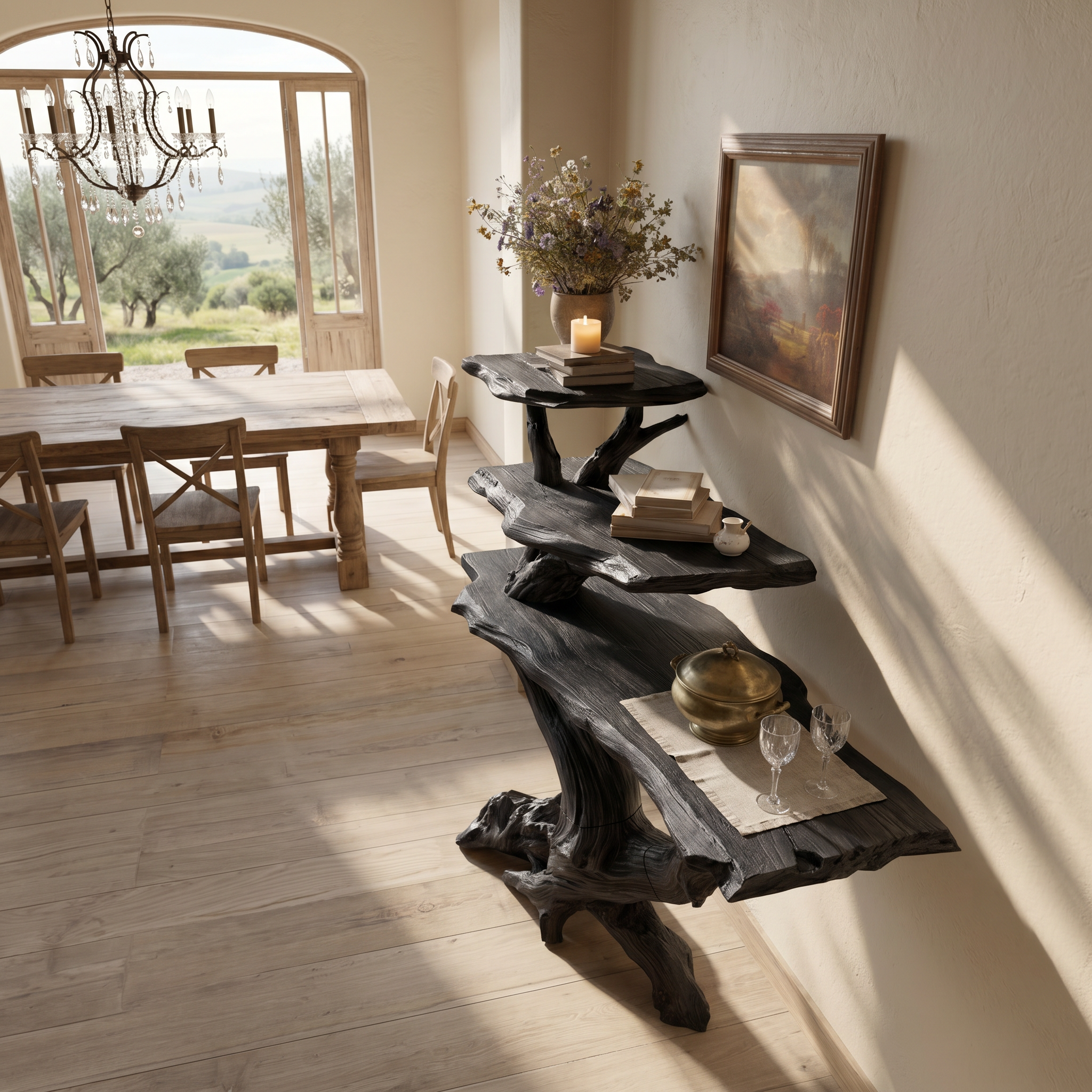 Cabin Black Driftwood Console Shelf For Stone Fireplace Room SILDTTRCS063