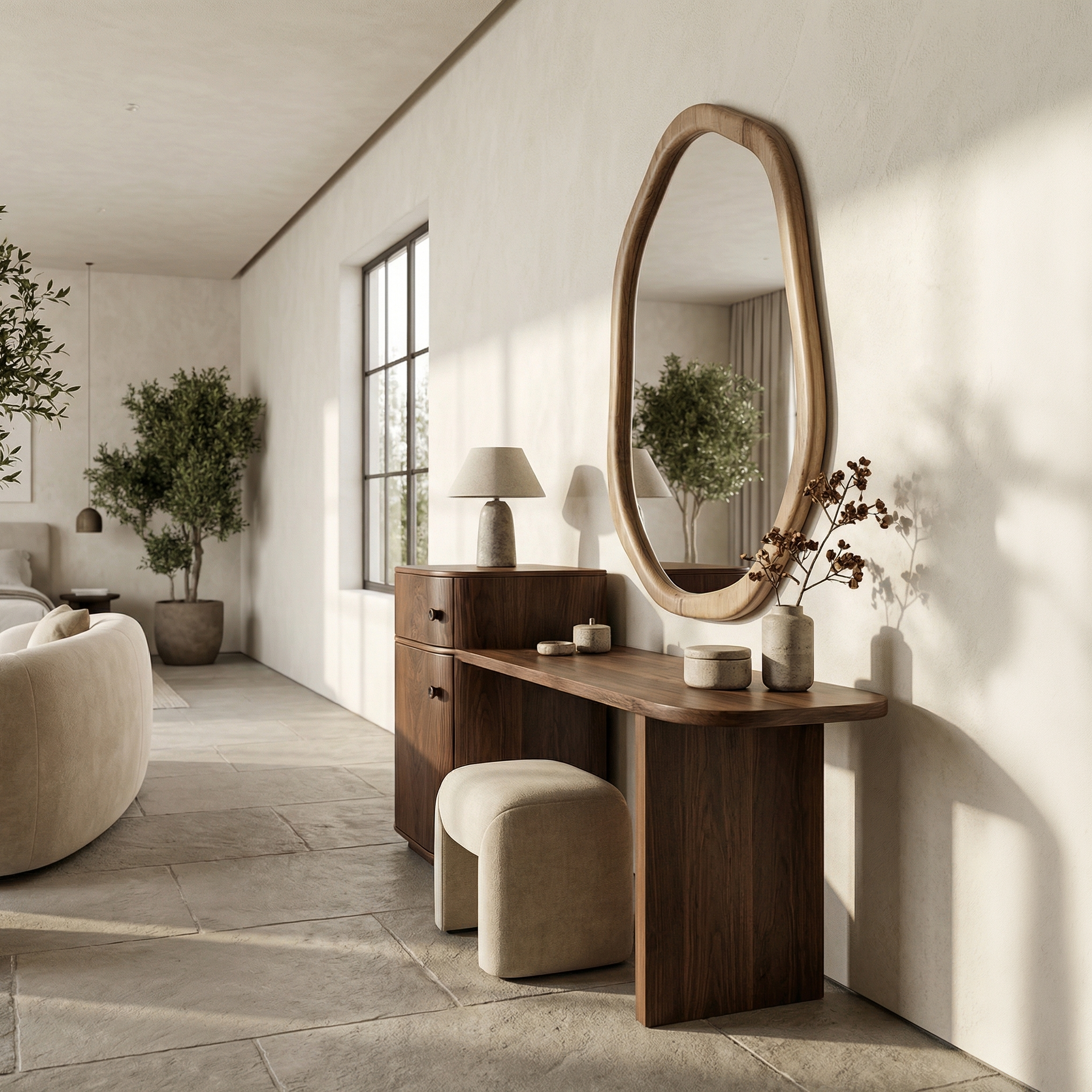 Scandinavian Dressing Table With Storage Cabinet Warm Minimalist Rounded Design For Bedroom SINLSABDT058