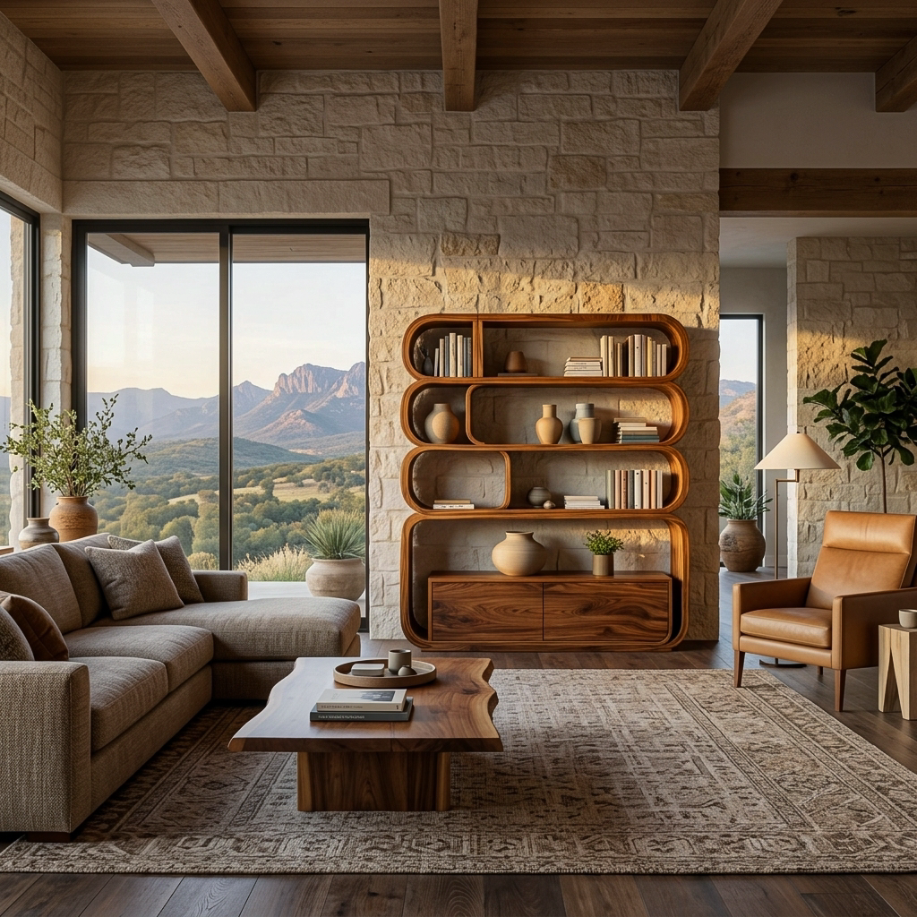 Modern Natural Wood Bookshelf With Curved Structure For Living Room RTTHTTBS117