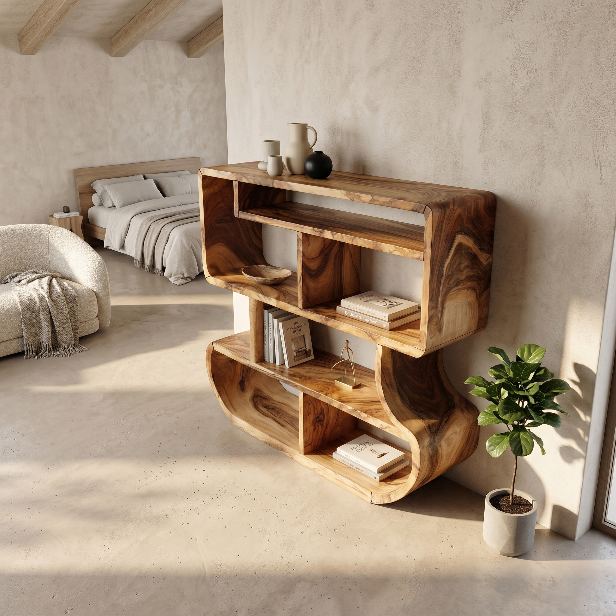 Modern Curved Wooden Bookcase With Integrated Open Storage SILDTTRBS047