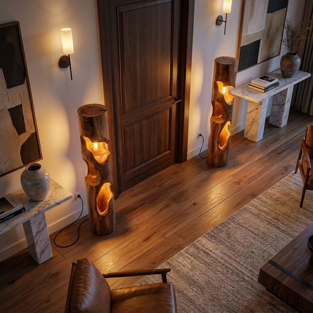 Rustic Wooden Floor Lamp With Sculptural Hollow For Cozy Bedroom RTTHTTLAM052