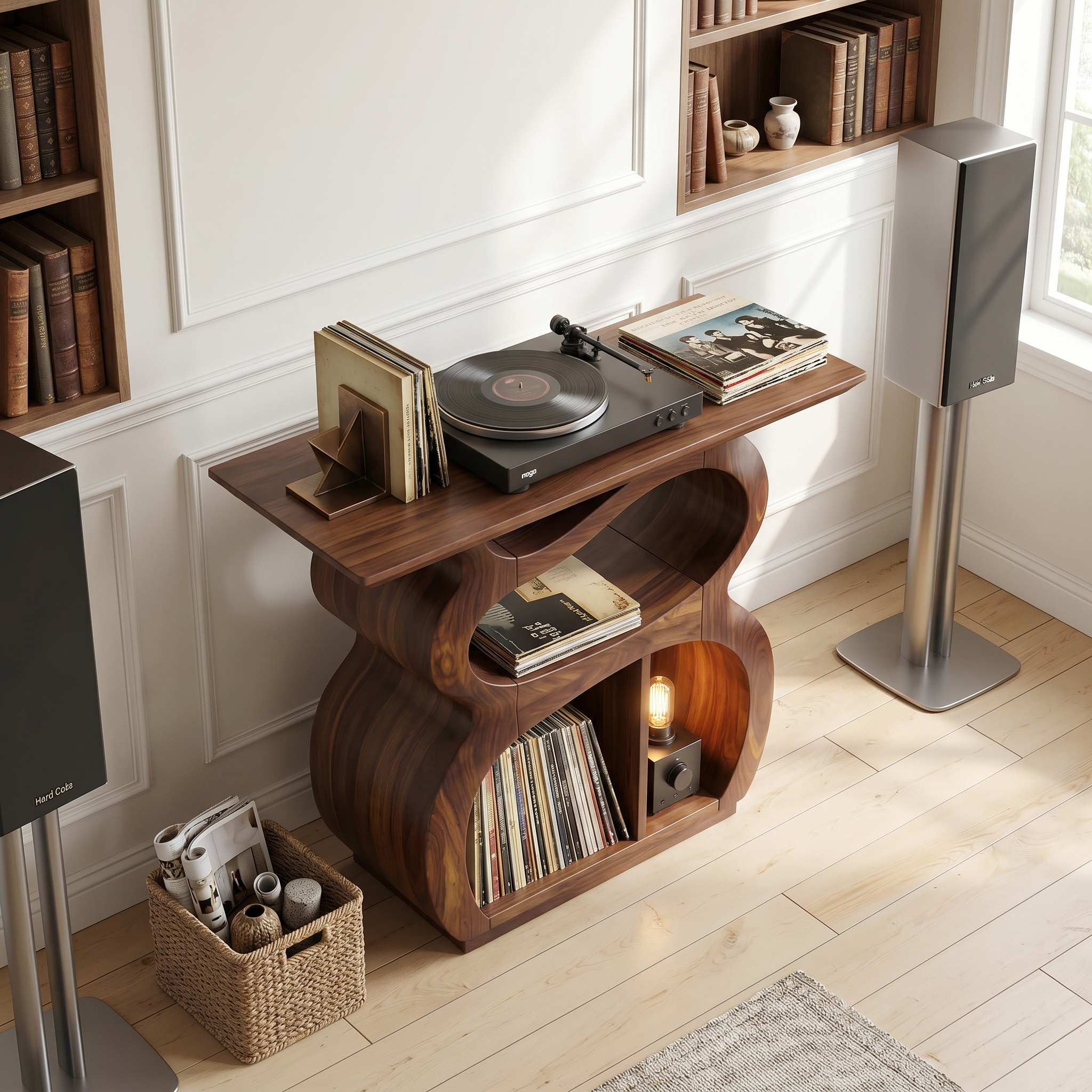 Mid Century Turntable Stand With Drawer Storage Interior SILDTTNRPT035