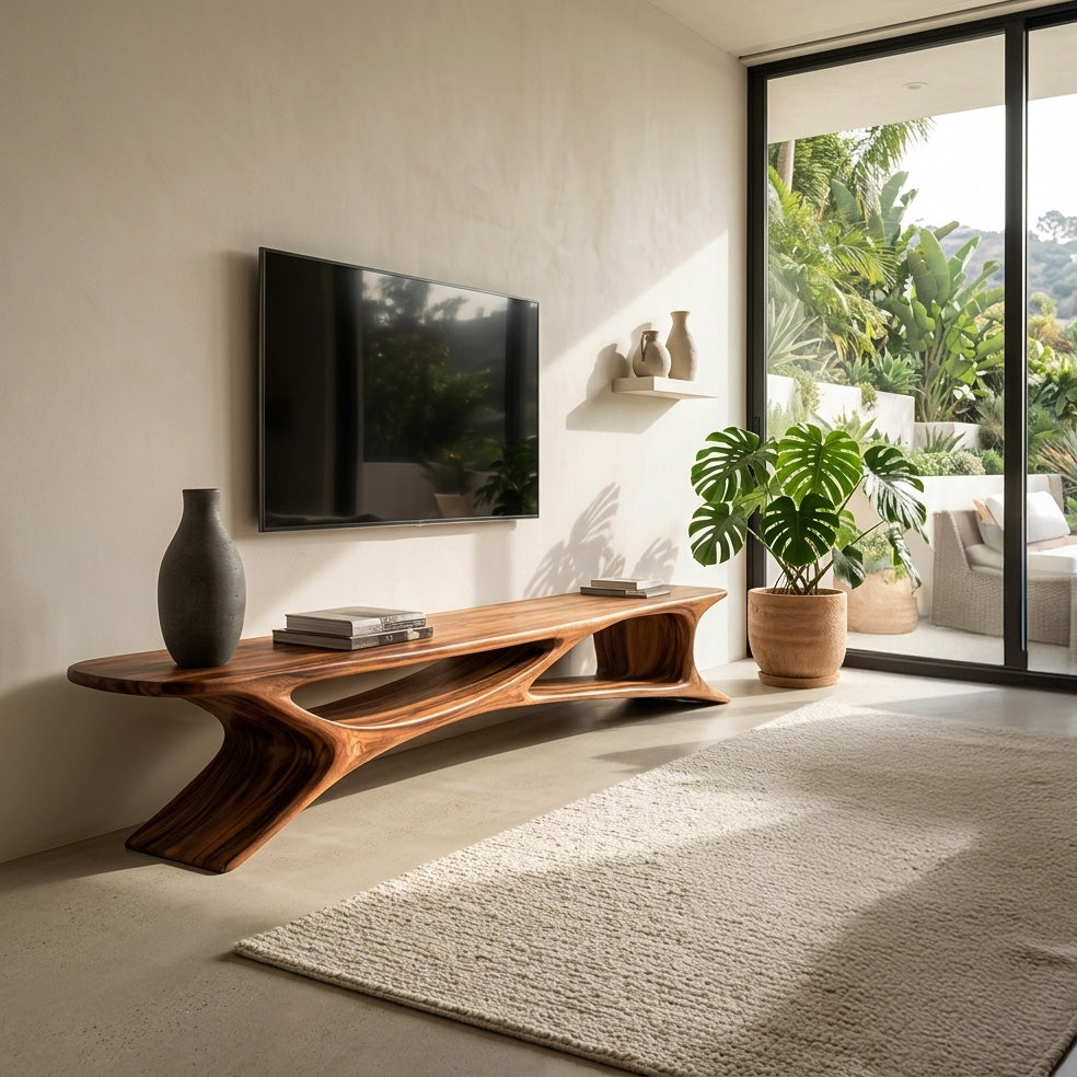 Handcrafted Sculptural Wooden TV Stand For Living Room RTTHHNTVC114