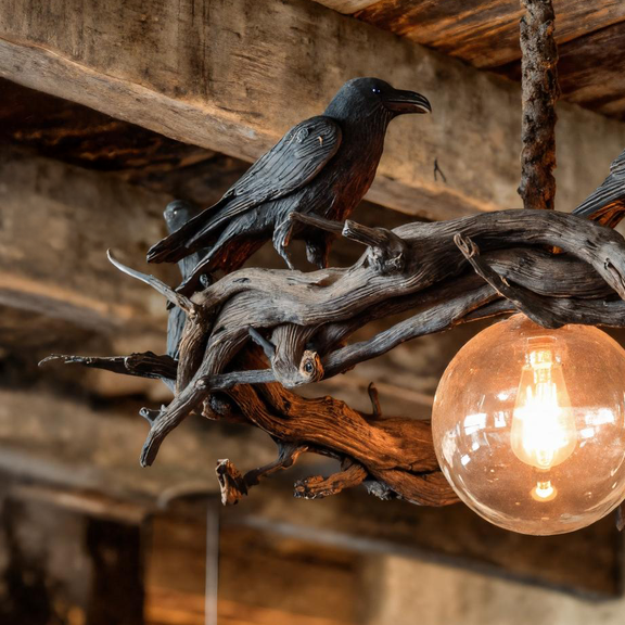 Rustic Driftwood Chandelier With Black Crow Accents For Home Decor SITHTTHW001