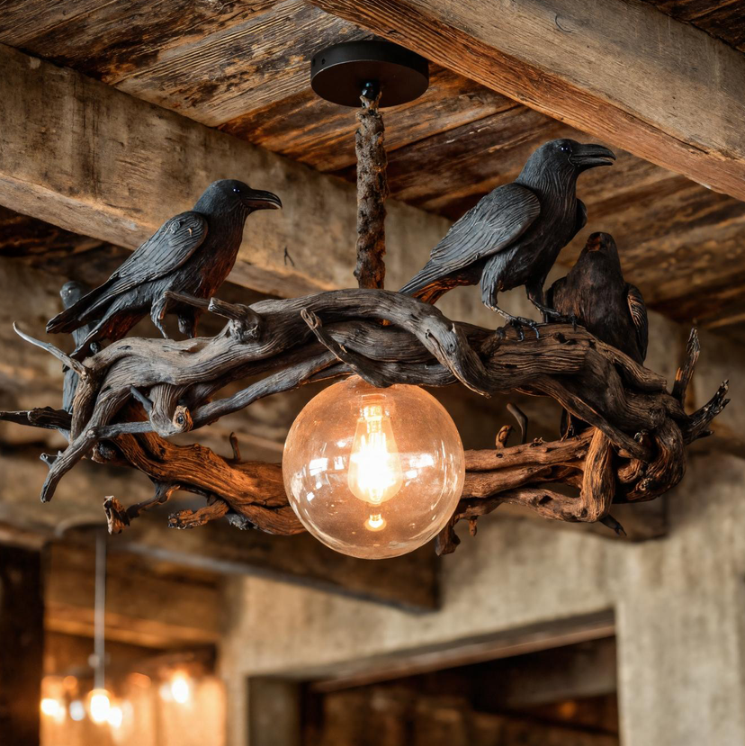 Rustic Driftwood Chandelier With Black Crow Accents For Home Decor SITHTTHW001