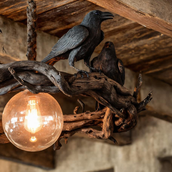 Rustic Driftwood Chandelier With Black Crow Accents For Home Decor SITHTTHW001