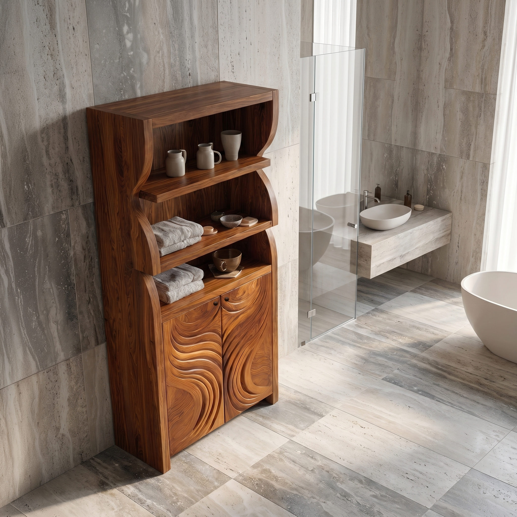 Rustic Organic Bathroom Storage Cabinet With Carved Wooden Doors And Open Shelves For Bathroom SINLSABCT020
